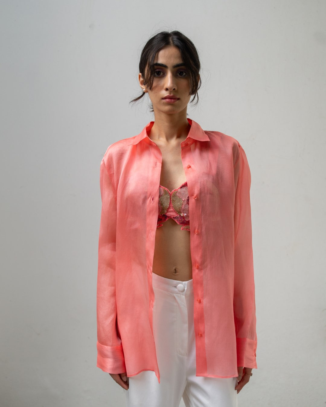 Pastel Organza Shirt and White Trousers Set - Glam Getaway