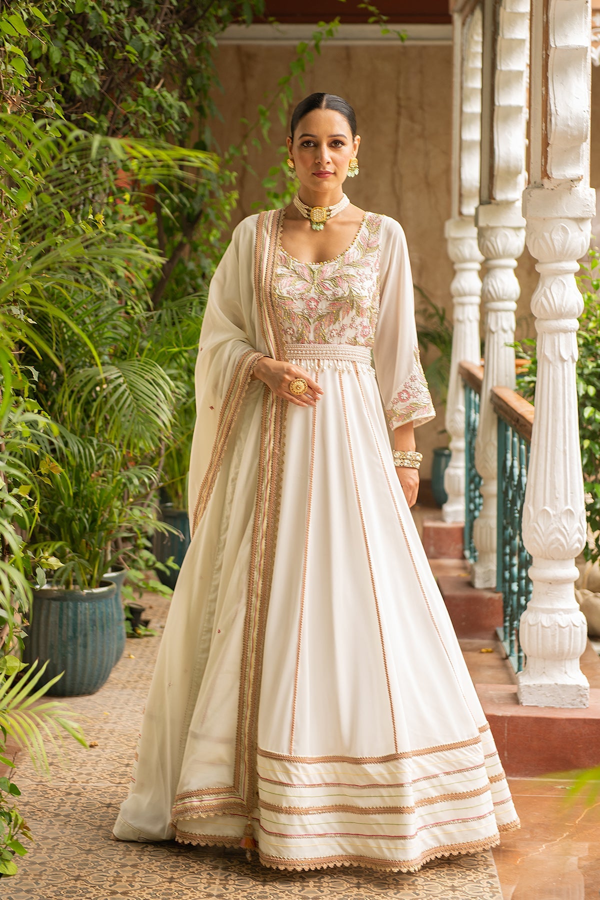 Khoobsurat Ivory Flared Anarkali Set with Pearl Embroidered Belt