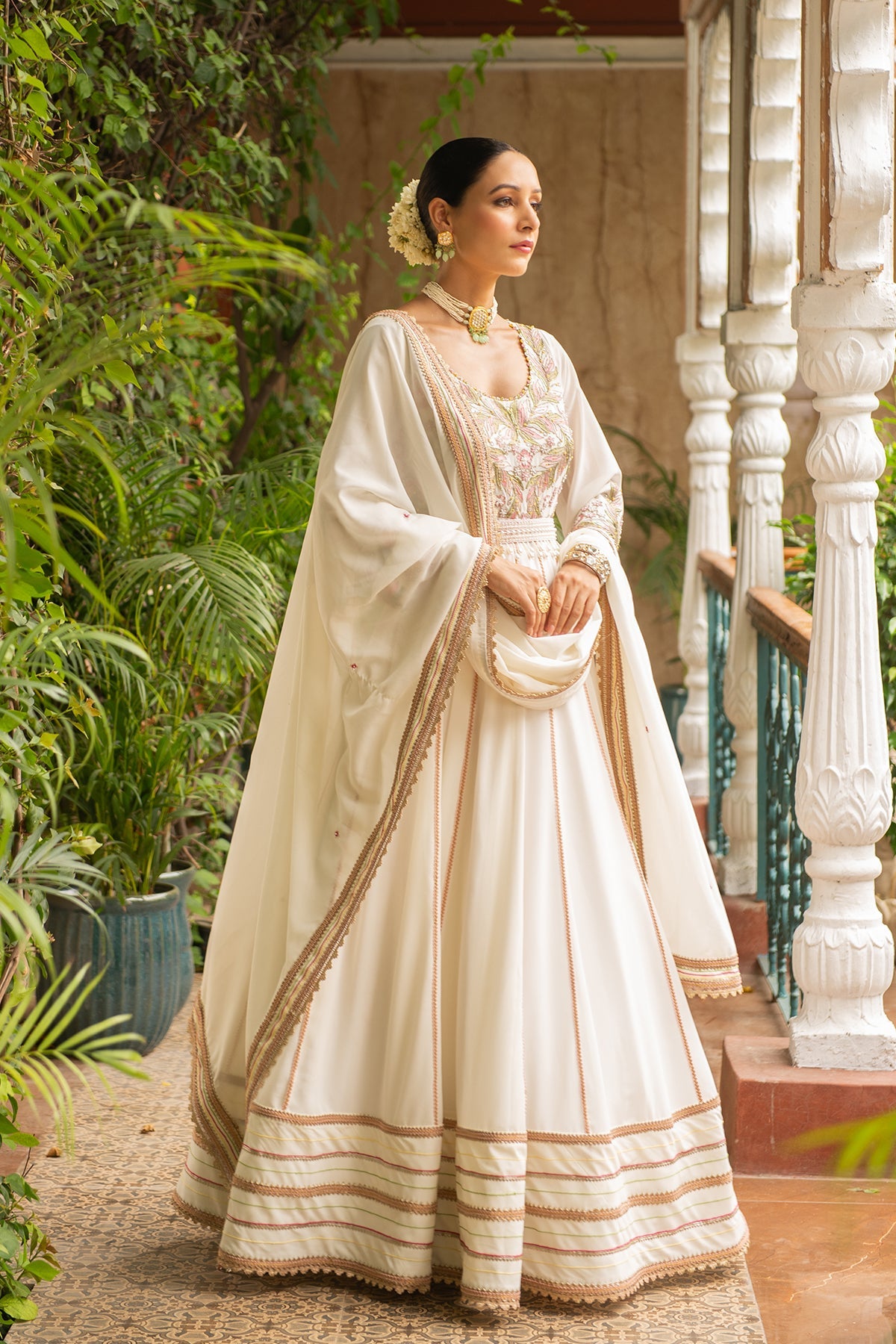 Khoobsurat Ivory Flared Anarkali Set with Pearl Embroidered Belt