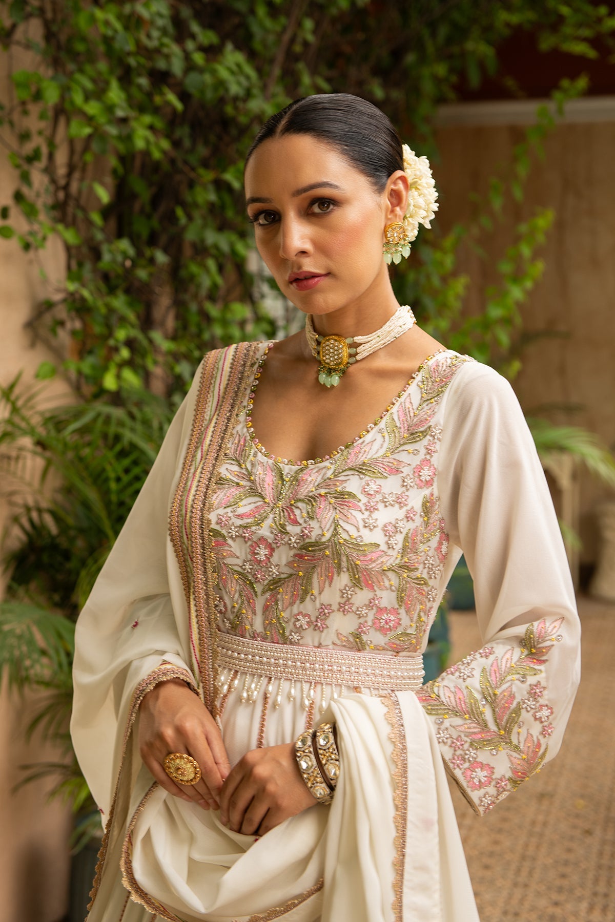 Khoobsurat Ivory Flared Anarkali Set with Pearl Embroidered Belt