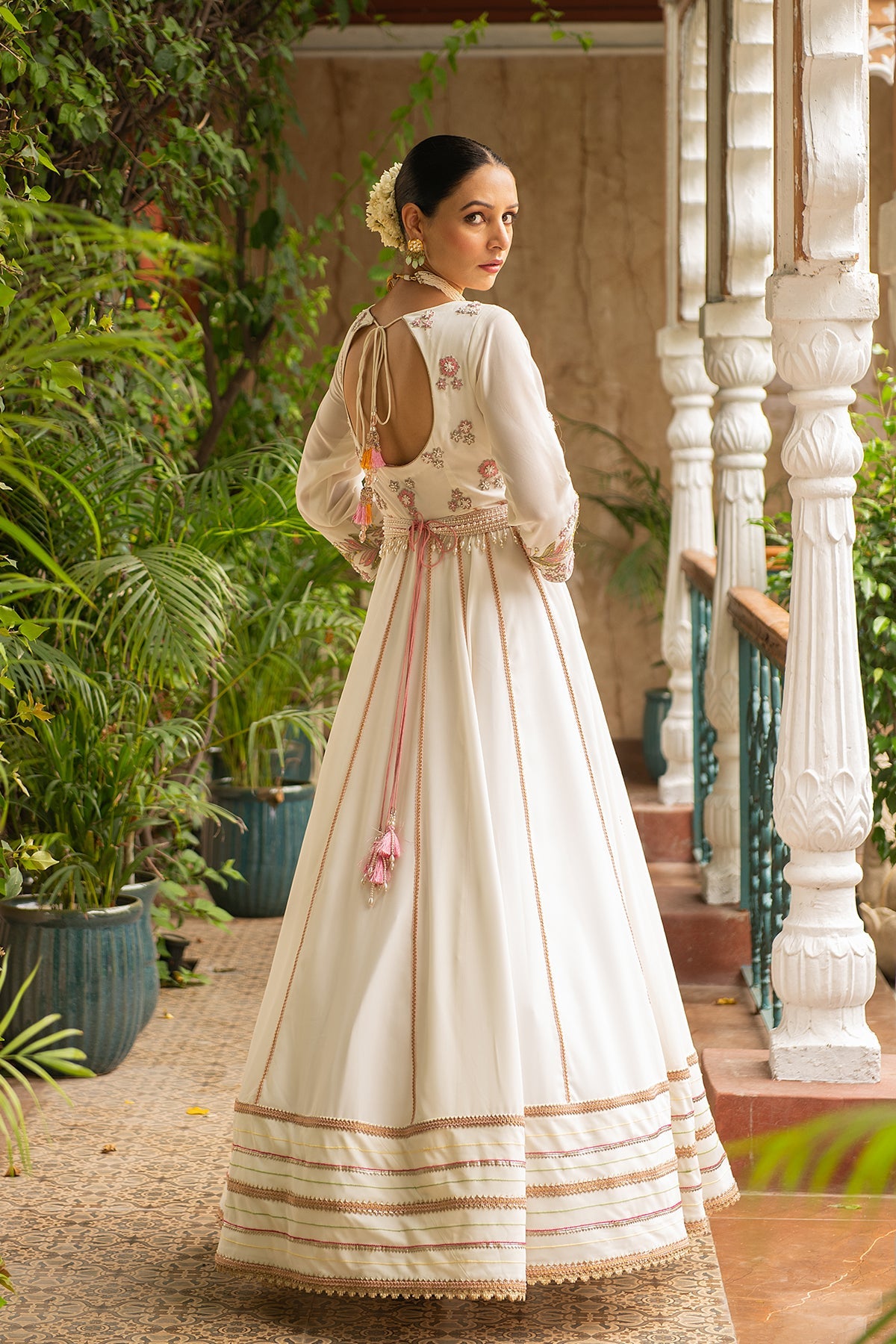 Khoobsurat Ivory Flared Anarkali Set with Pearl Embroidered Belt