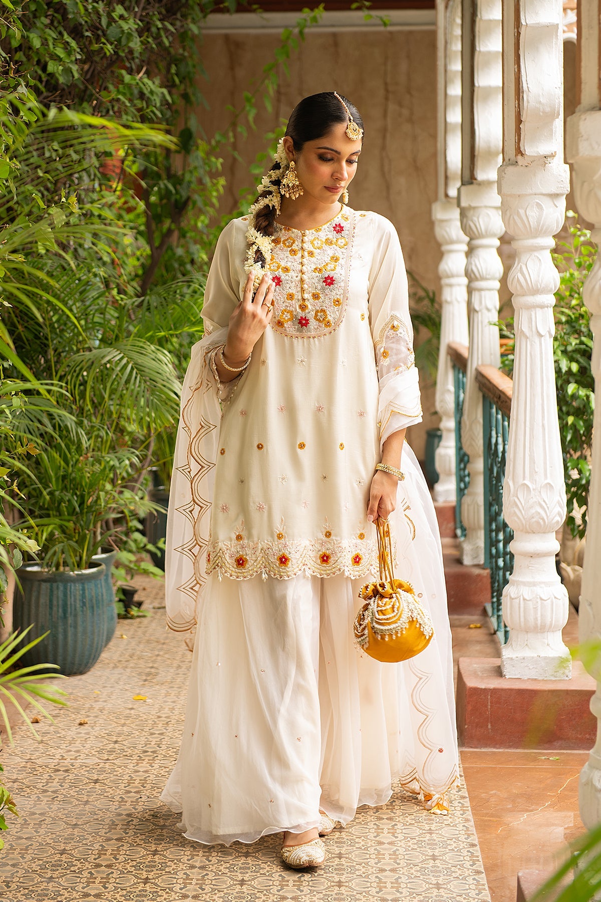 Ivory Floral Embroidered Silk Kurta Set with Organza Dupatta