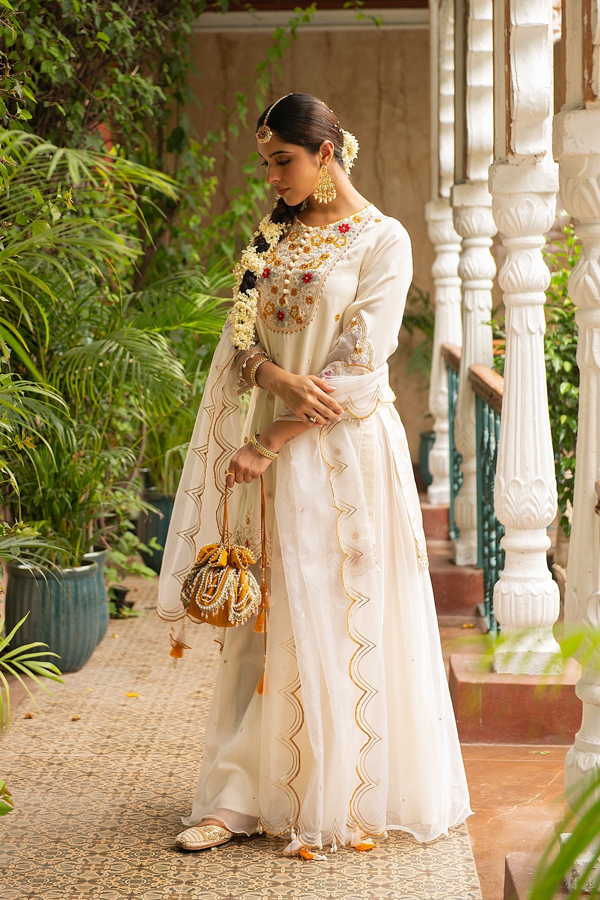 Ivory Floral Embroidered Silk Kurta Set with Organza Dupatta