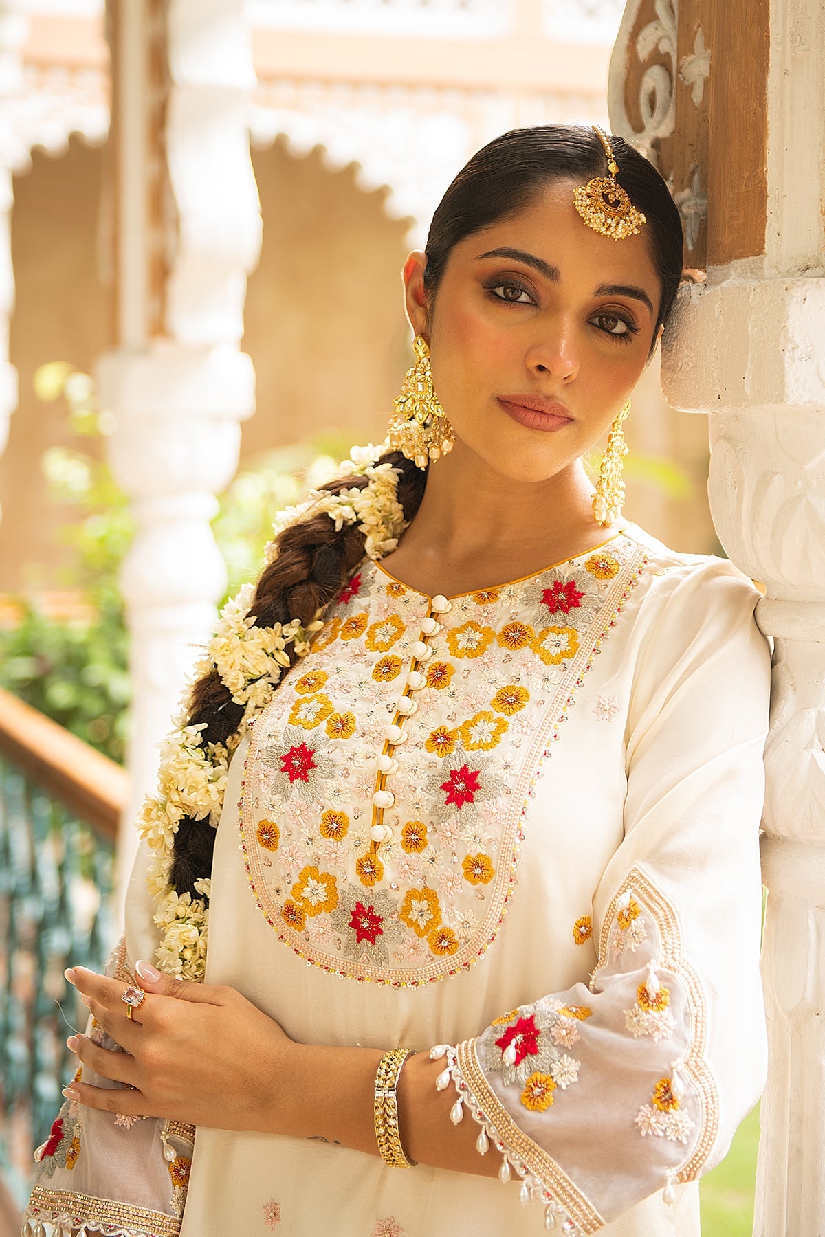Ivory Floral Embroidered Silk Kurta Set with Organza Dupatta