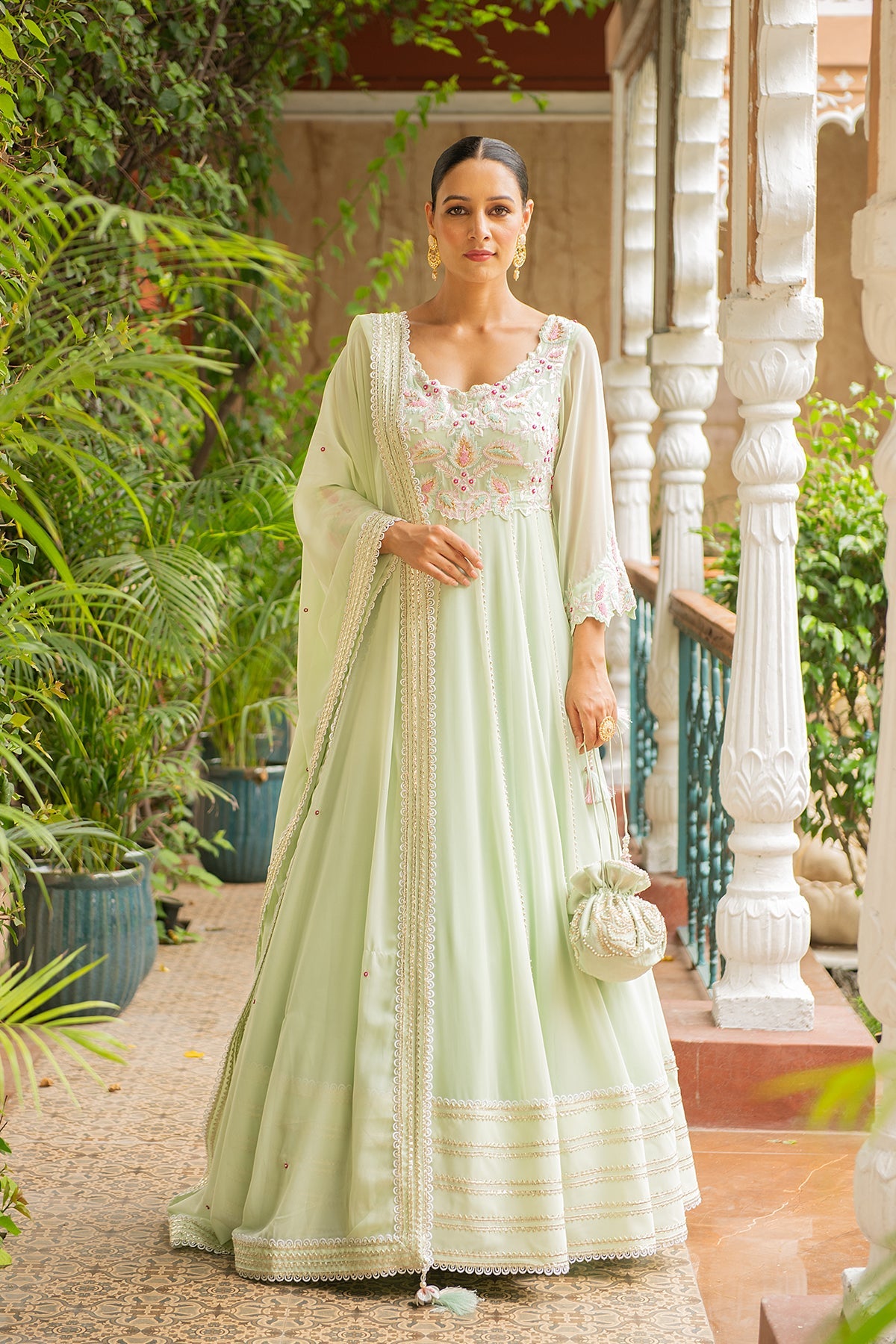 Hasrat Sea Green Flared Georgette Anarkali with Pearl Belt