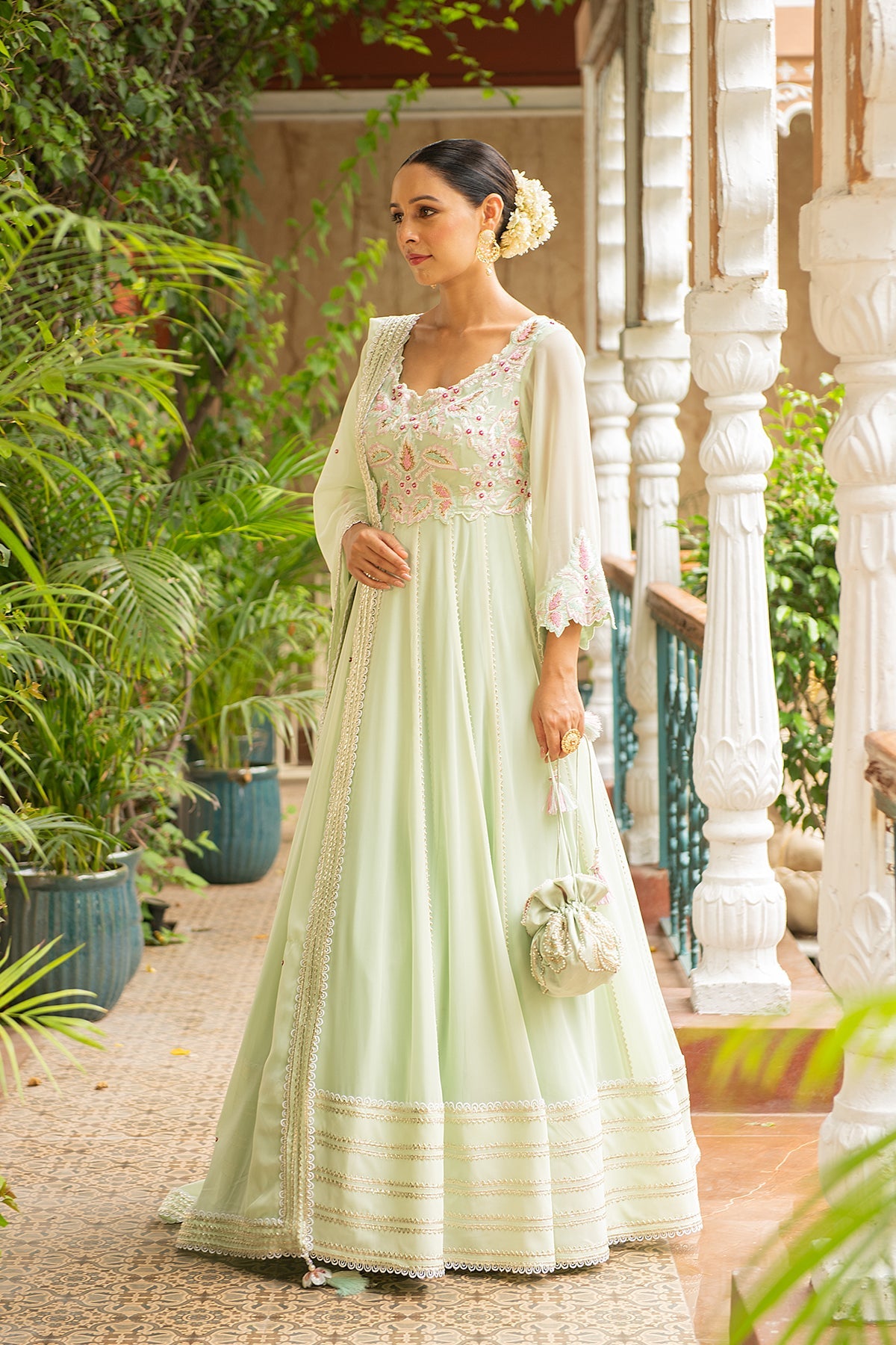 Hasrat Sea Green Flared Georgette Anarkali with Pearl Belt