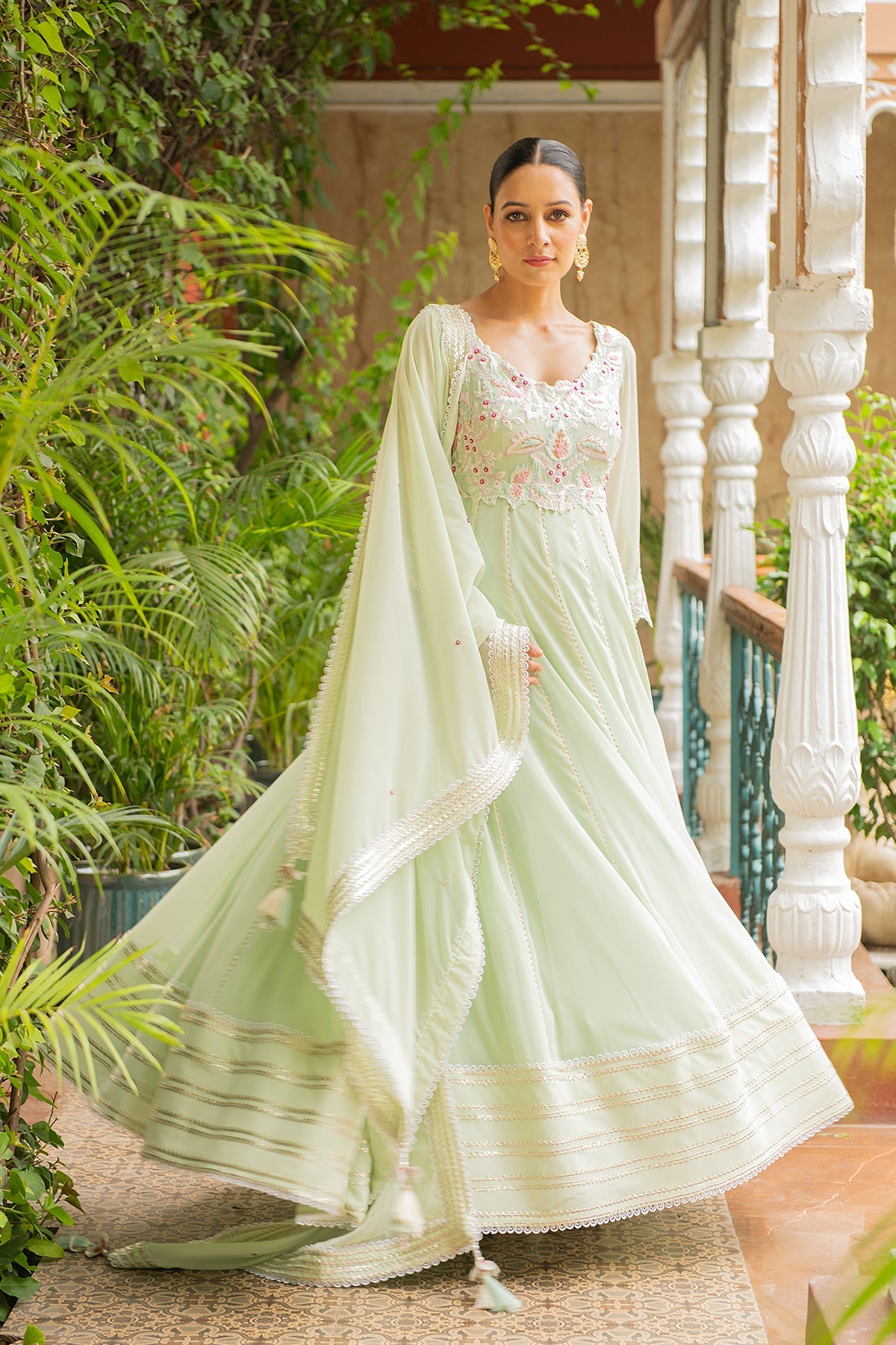 Hasrat Sea Green Flared Georgette Anarkali with Pearl Belt
