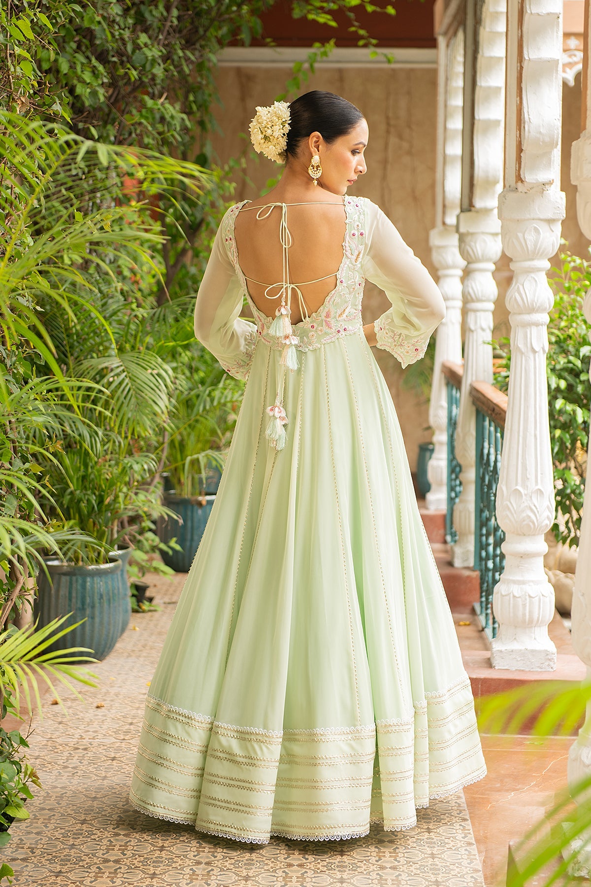 Hasrat Sea Green Flared Georgette Anarkali with Pearl Belt