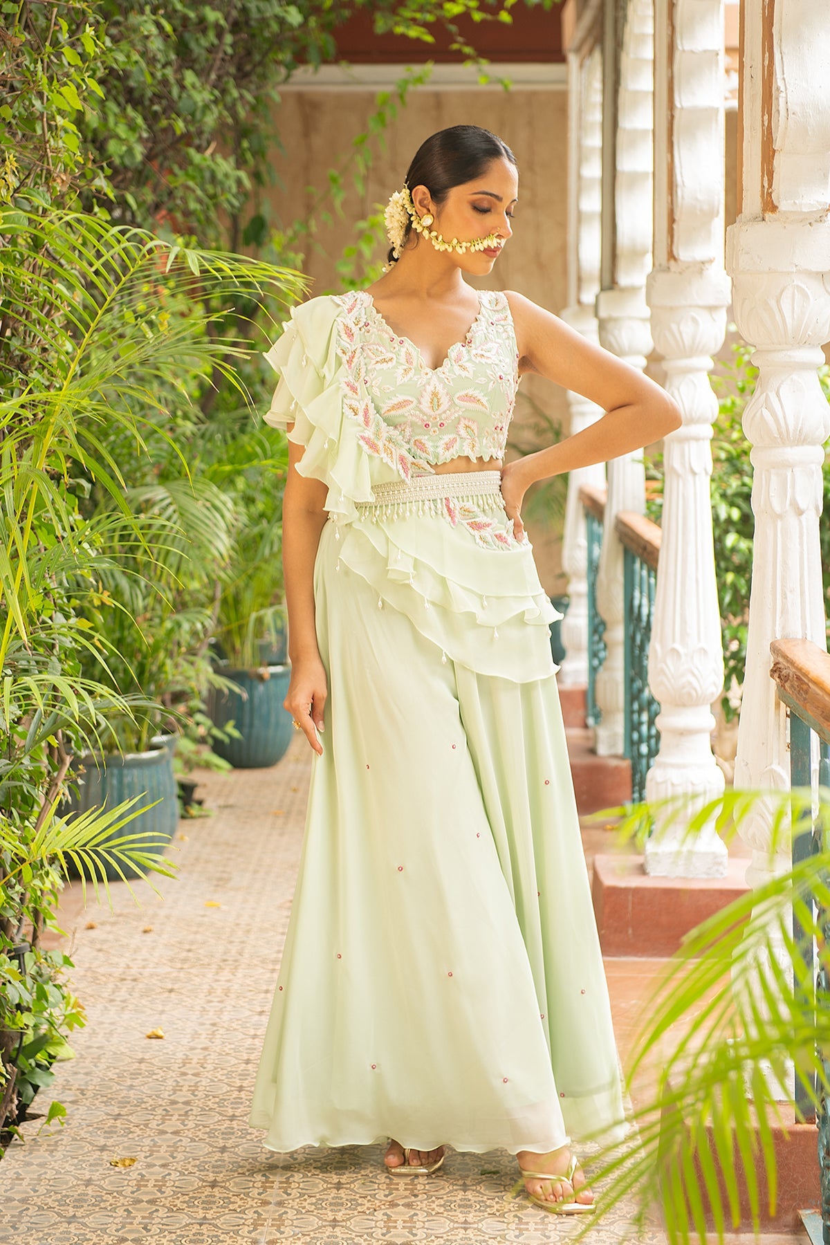 Jhalak Sea Green Embroidered Sharara Set with Ruffle Drape