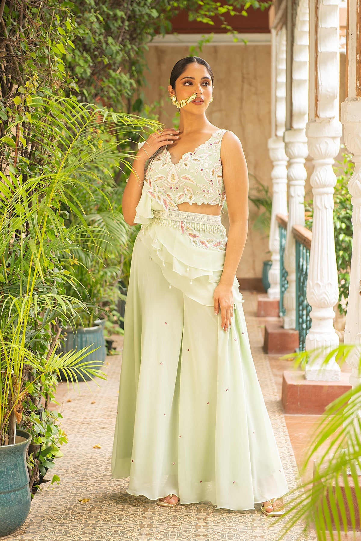 Jhalak Sea Green Embroidered Sharara Set with Ruffle Drape