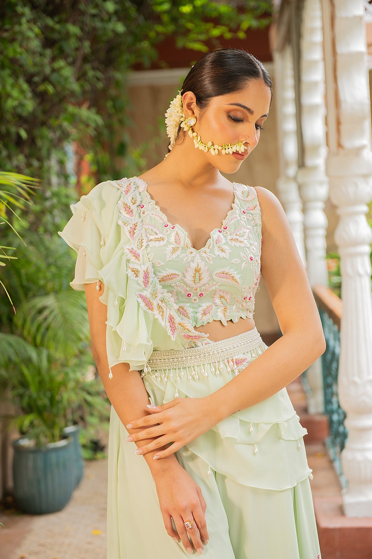 Jhalak Sea Green Embroidered Sharara Set with Ruffle Drape