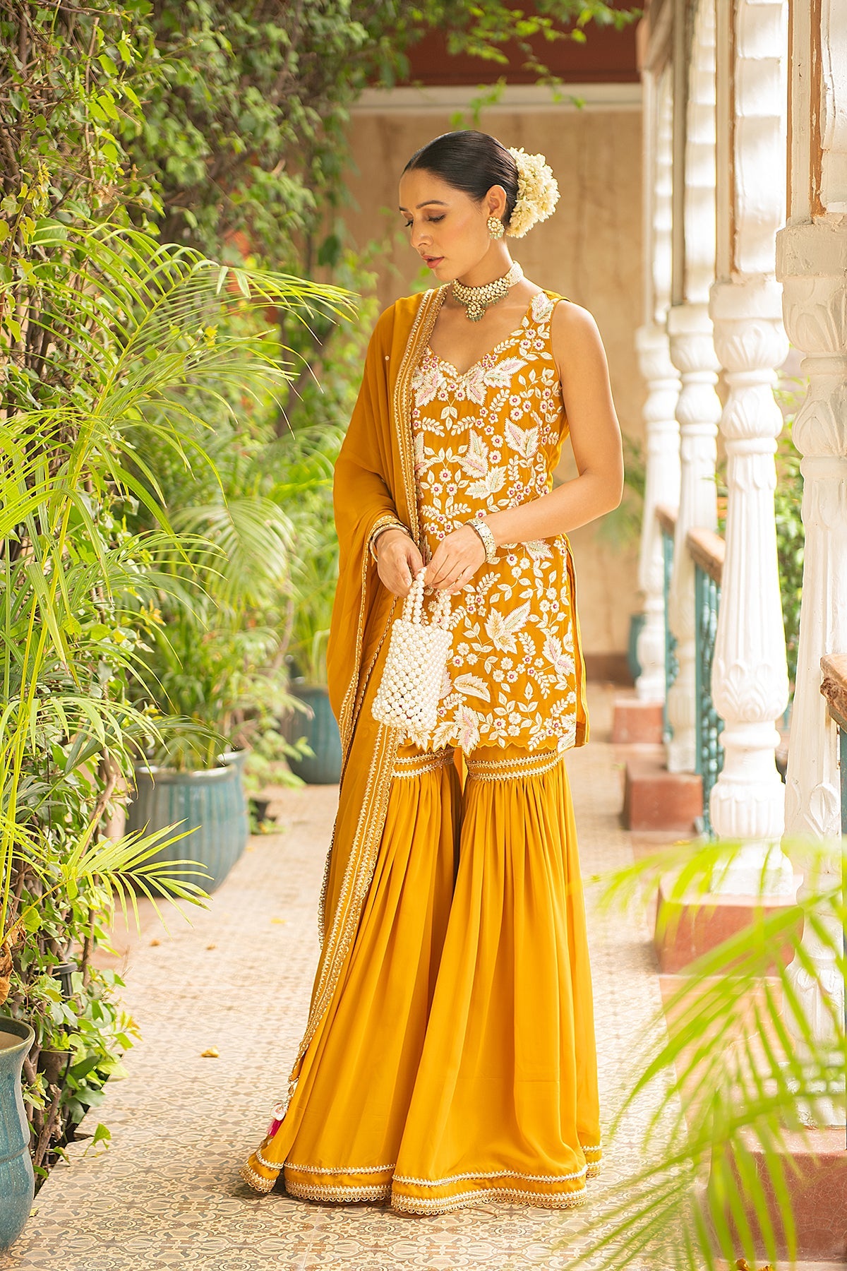 Khwaab Mustard Georgette Garara Set with Scallop Embroidery