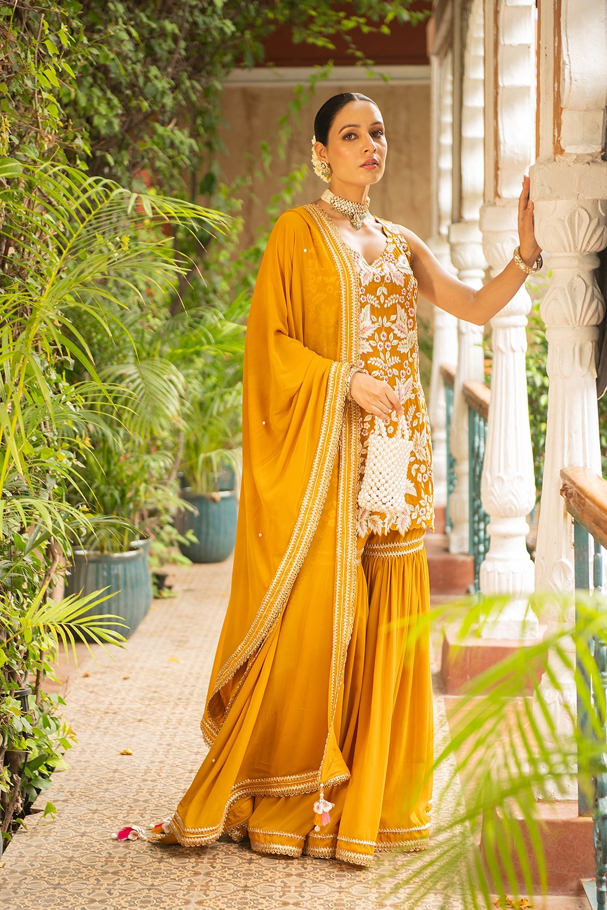 Khwaab Mustard Georgette Garara Set with Scallop Embroidery