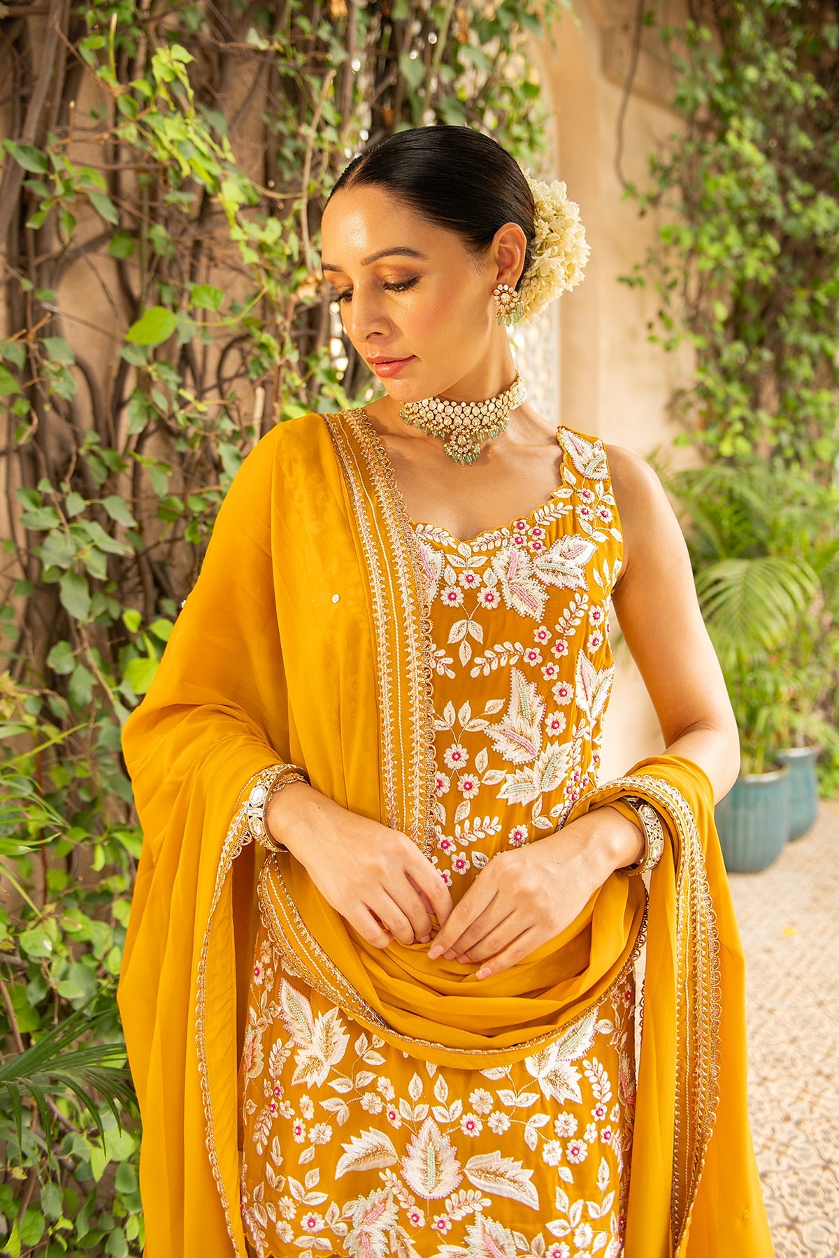 Khwaab Mustard Georgette Garara Set with Scallop Embroidery