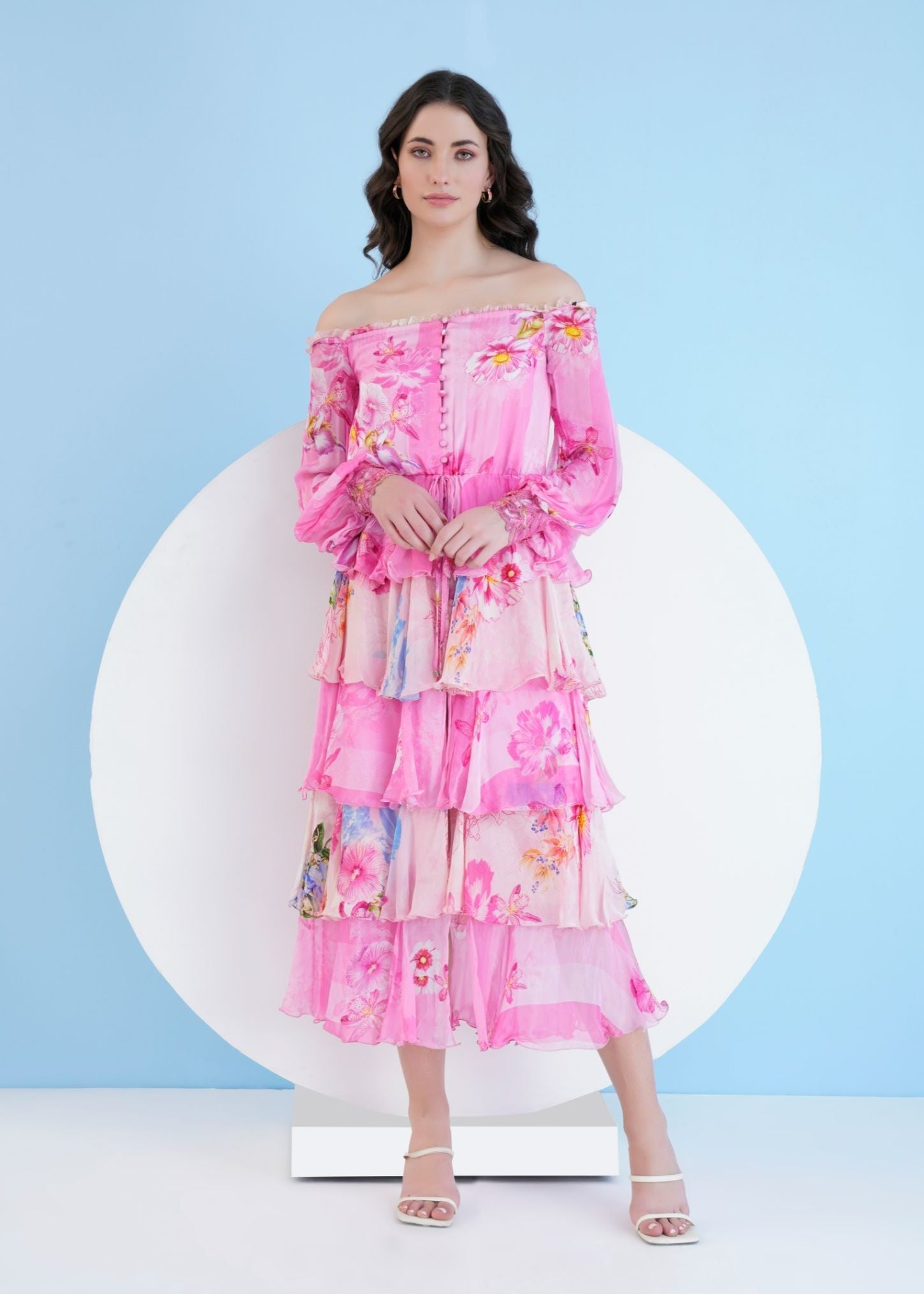 Pink Pastoral Mist Tiered Midi Dress