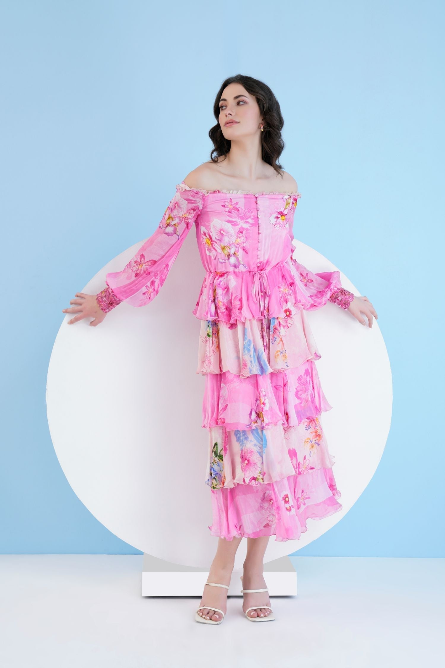 Pink Pastoral Mist Tiered Midi Dress