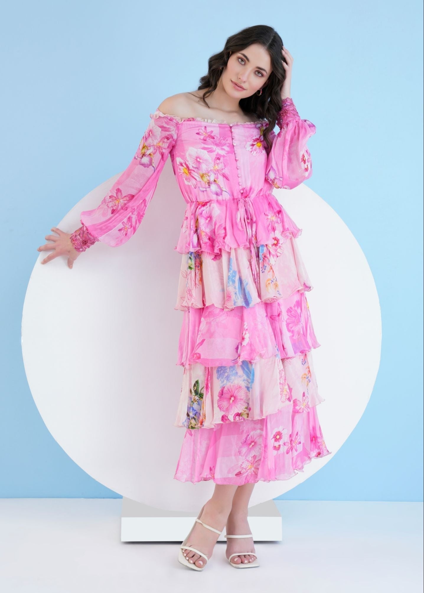 Pink Pastoral Mist Tiered Midi Dress