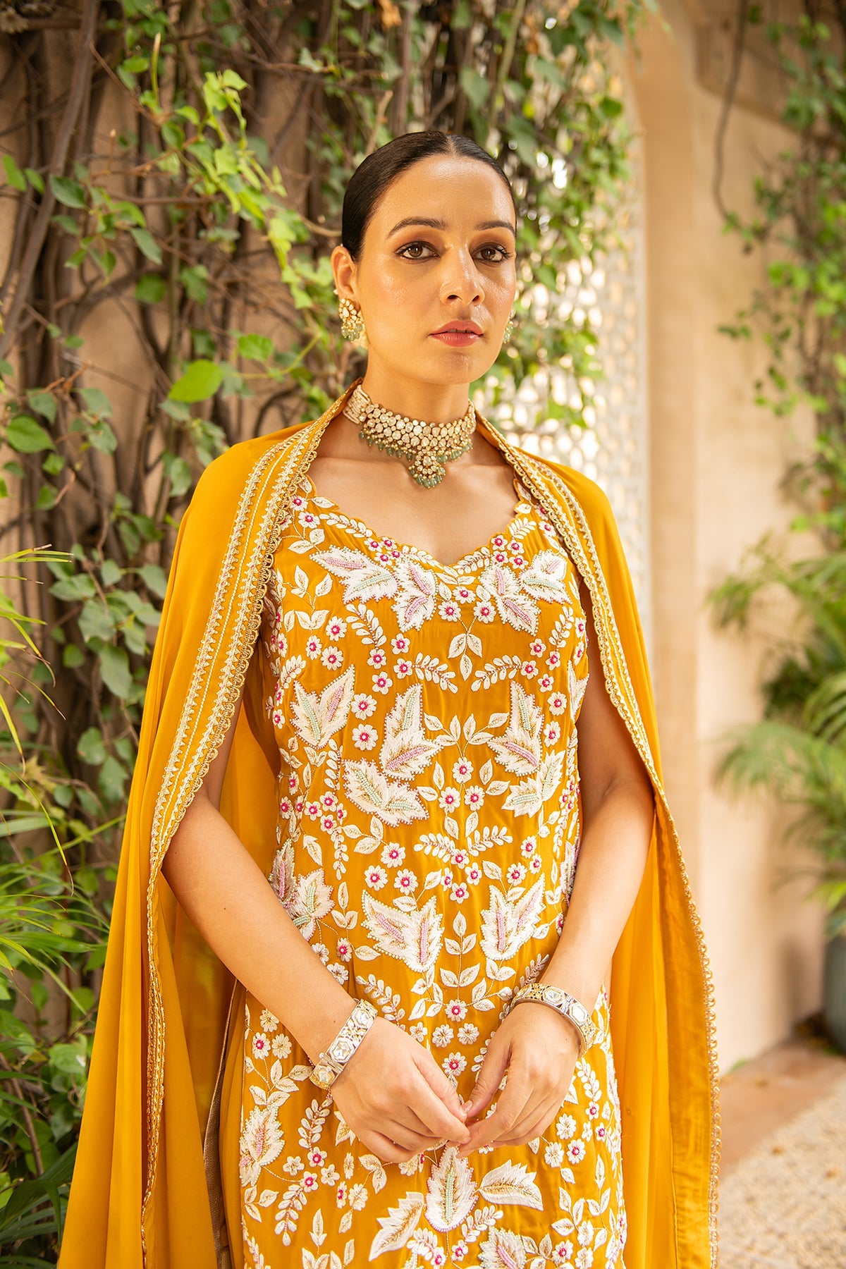 Khwaab Mustard Georgette Garara Set with Scallop Embroidery