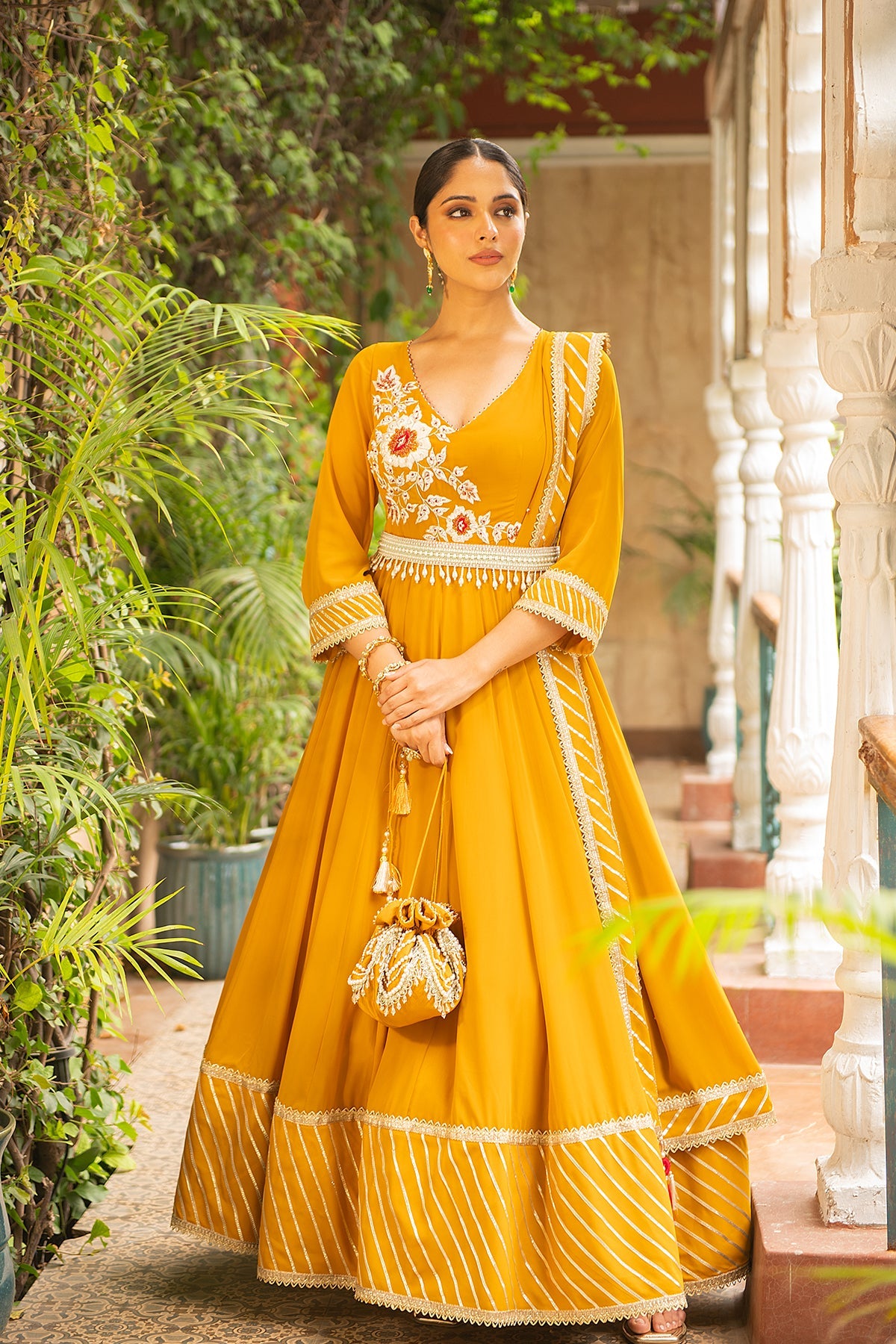 Mustard Yellow Embroidered Georgette Anarkali Suit Set - Festive Wear