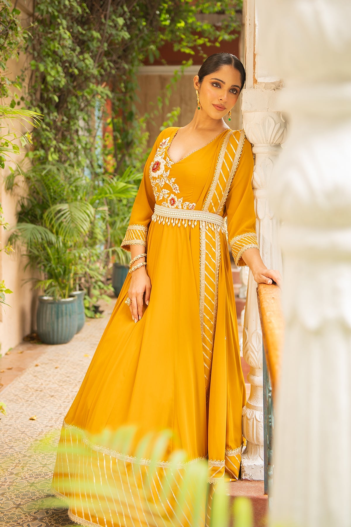 Mustard Yellow Embroidered Georgette Anarkali Suit Set - Festive Wear
