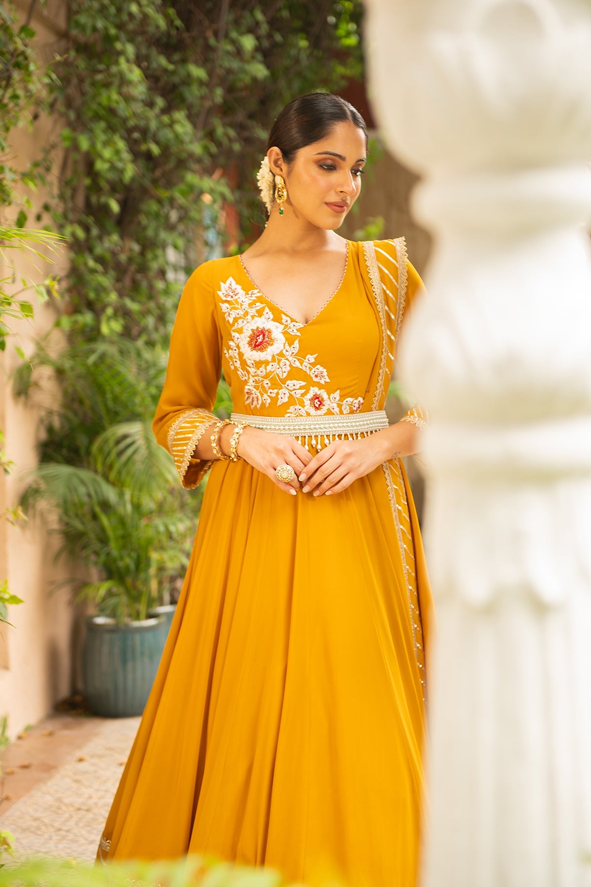 Mustard Yellow Embroidered Georgette Anarkali Suit Set - Festive Wear