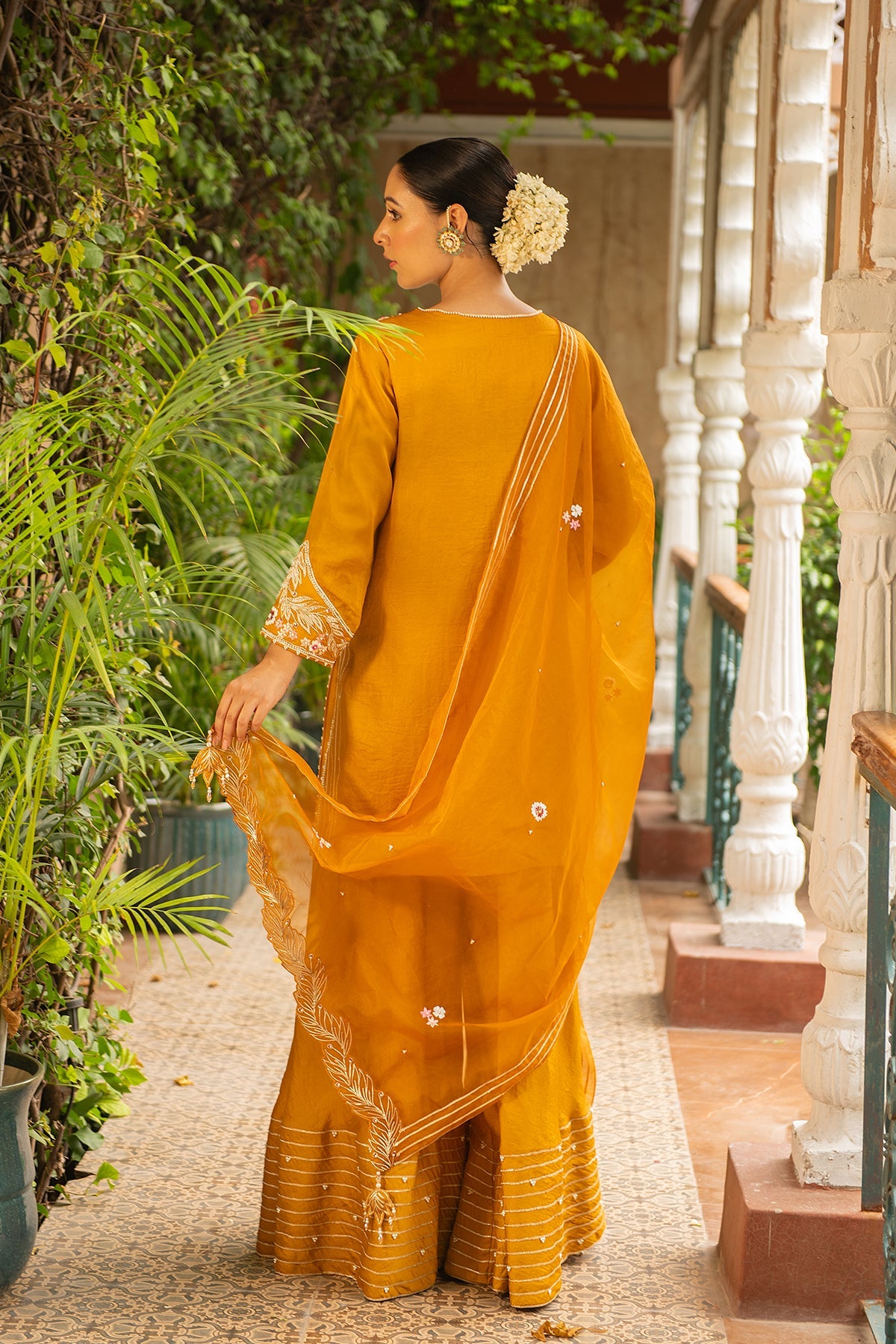 Rani Mustard Embroidered Silk Kurta with Pearl Sharara Set