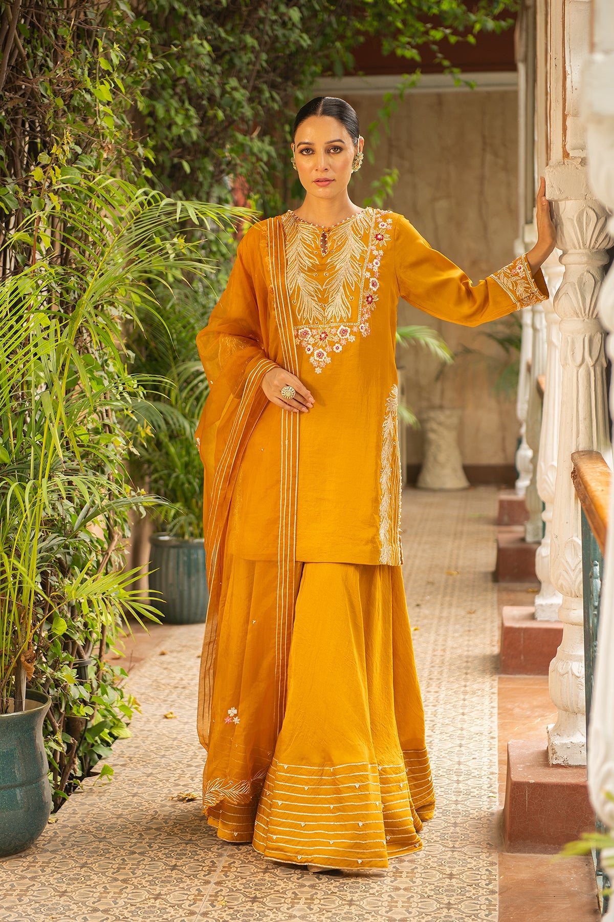 Rani Mustard Embroidered Silk Kurta with Pearl Sharara Set