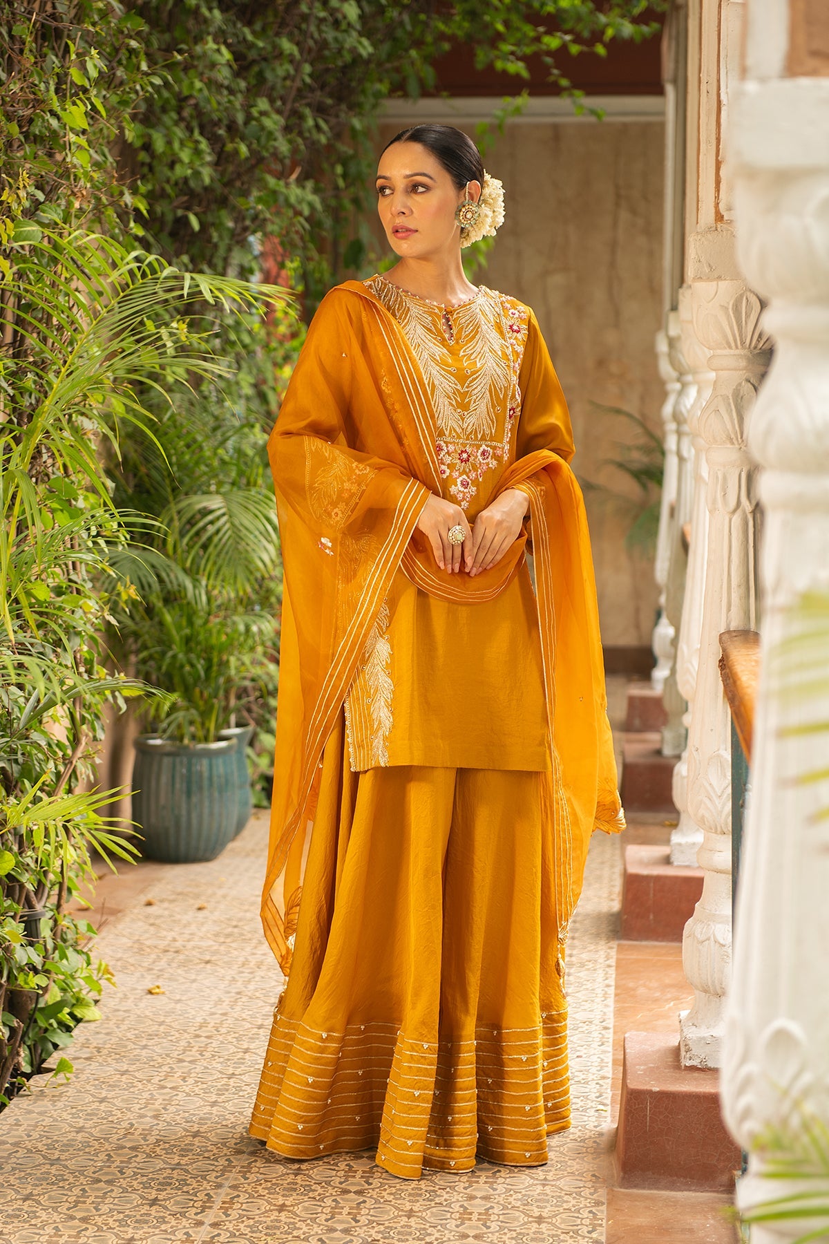 Rani Mustard Embroidered Silk Kurta with Pearl Sharara Set
