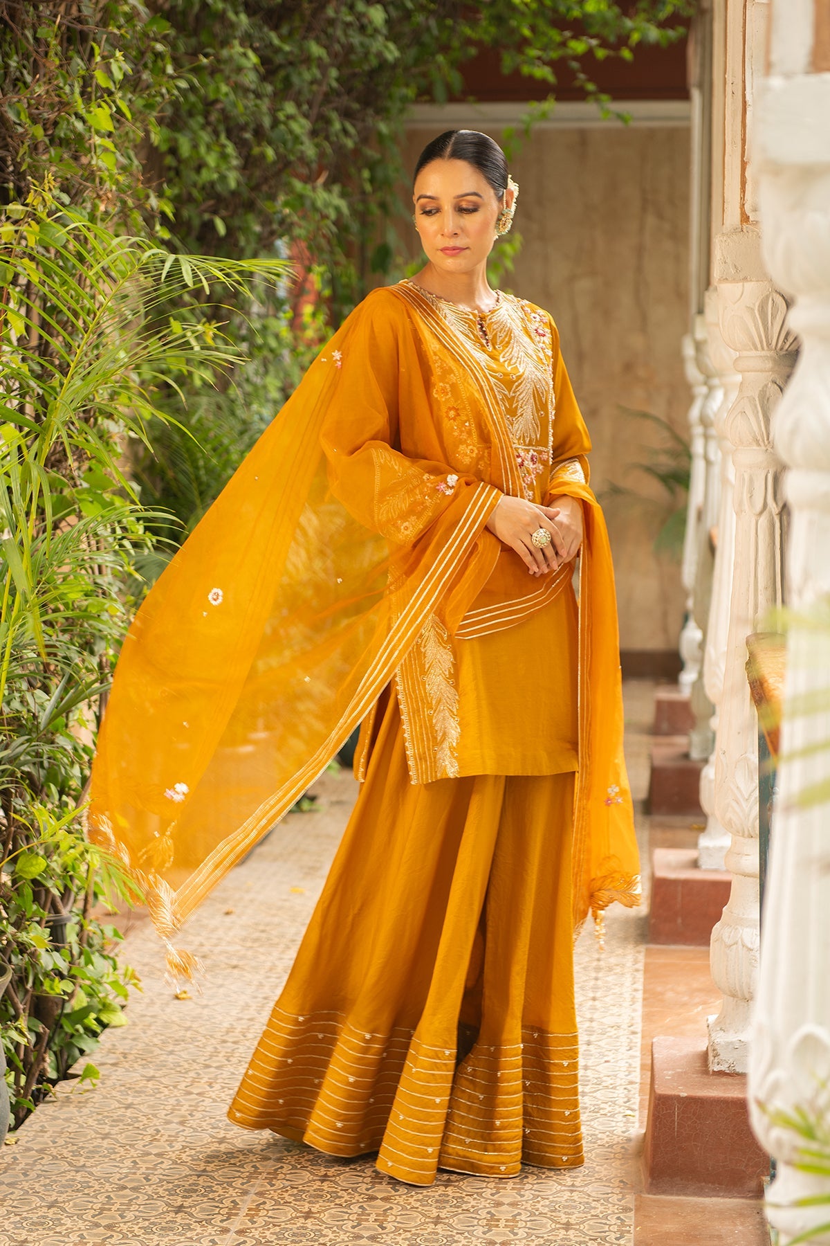 Rani Mustard Embroidered Silk Kurta with Pearl Sharara Set