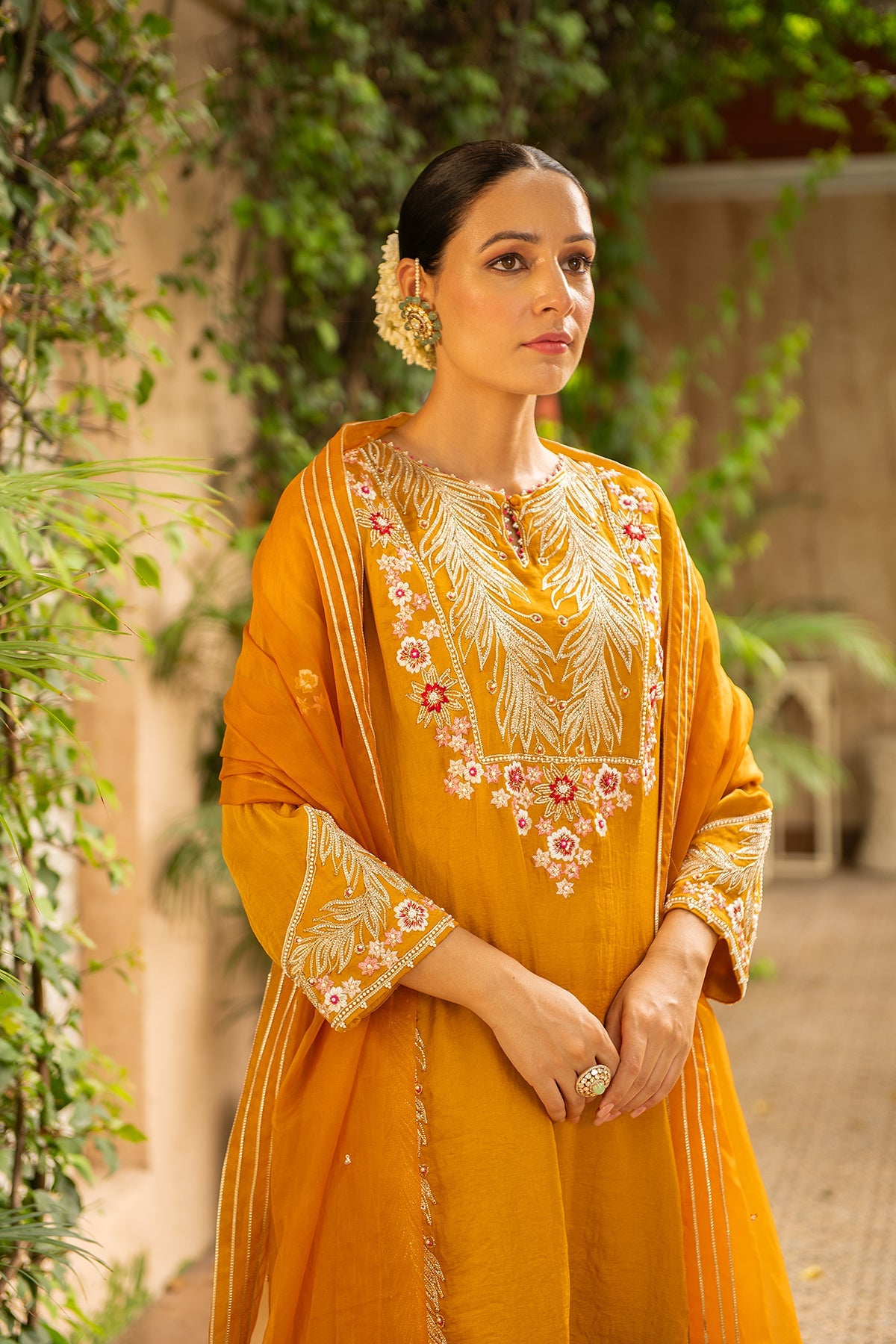 Rani Mustard Embroidered Silk Kurta with Pearl Sharara Set
