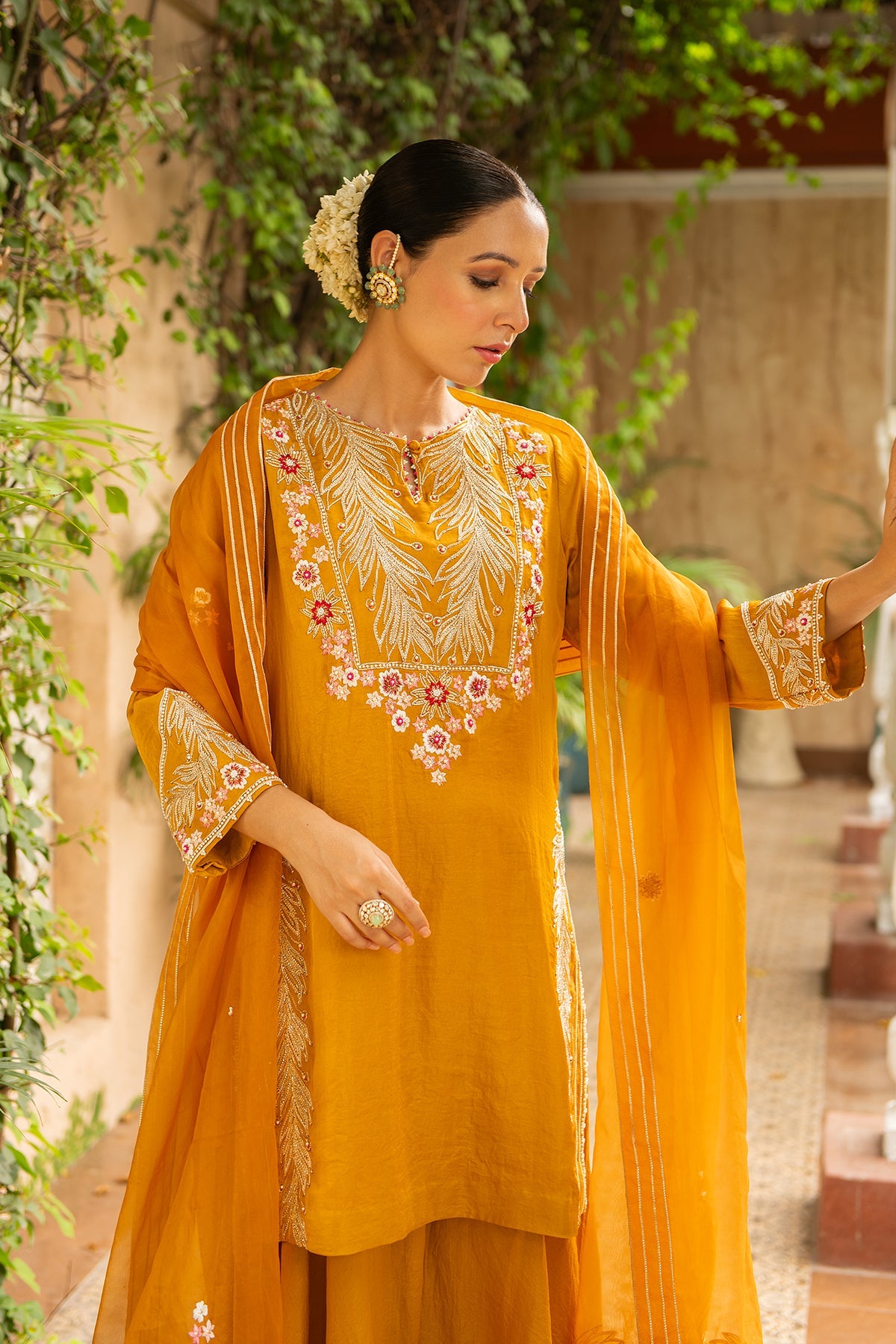 Rani Mustard Embroidered Silk Kurta with Pearl Sharara Set