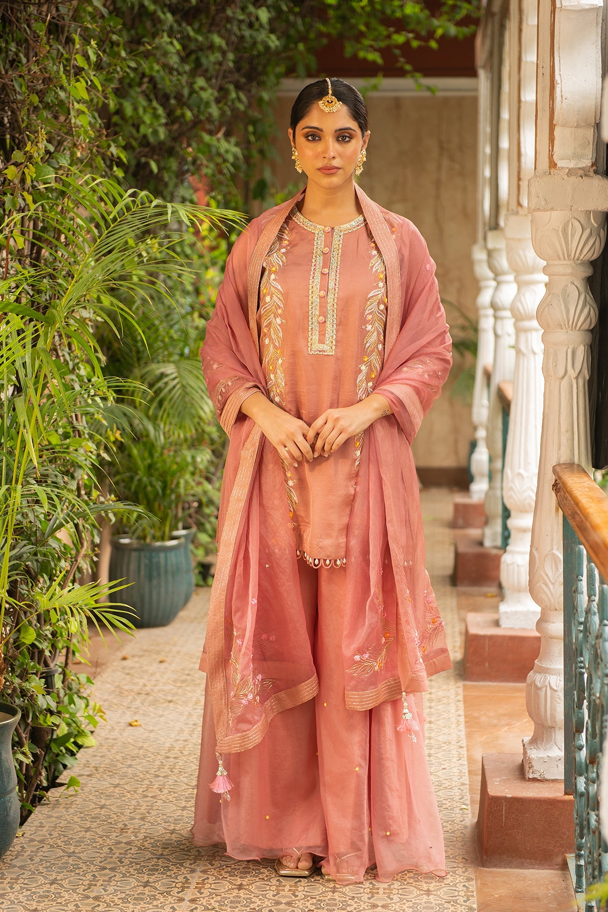 Old Rose Silk Embroidered Kurta Set with Organza Dupatta