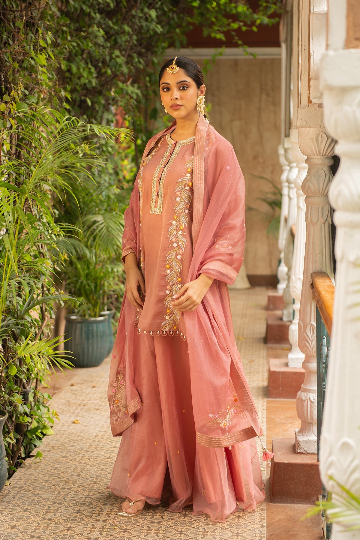 Old Rose Silk Embroidered Kurta Set with Organza Dupatta