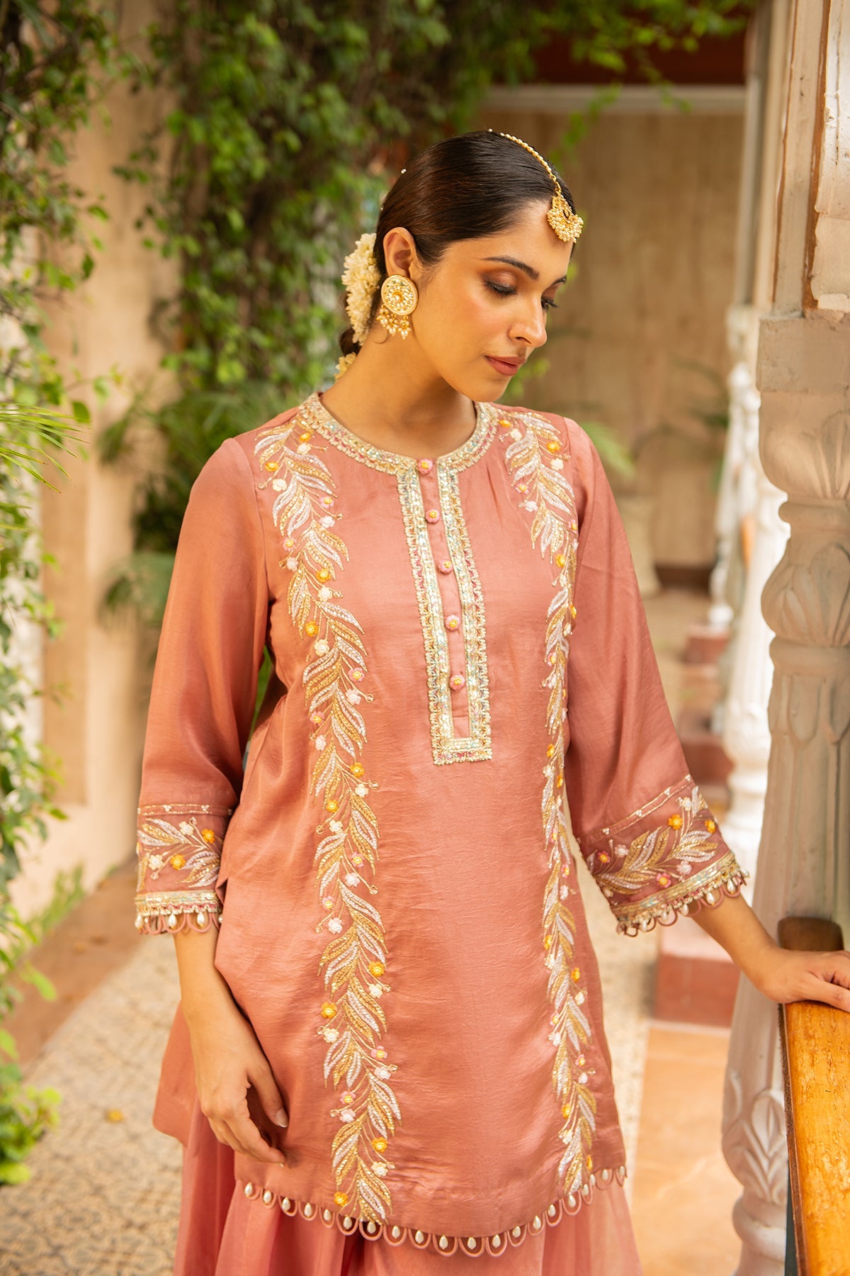 Old Rose Silk Embroidered Kurta Set with Organza Dupatta