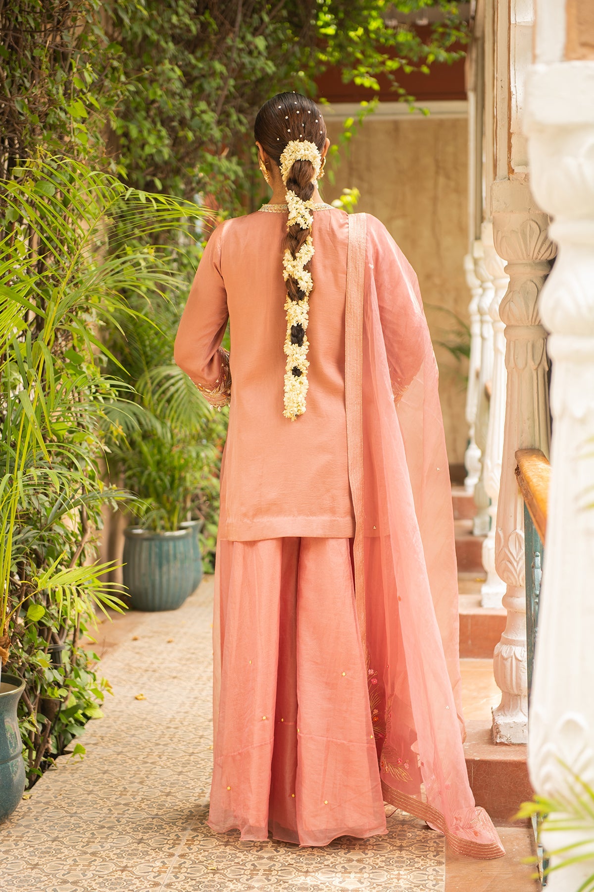 Old Rose Silk Embroidered Kurta Set with Organza Dupatta