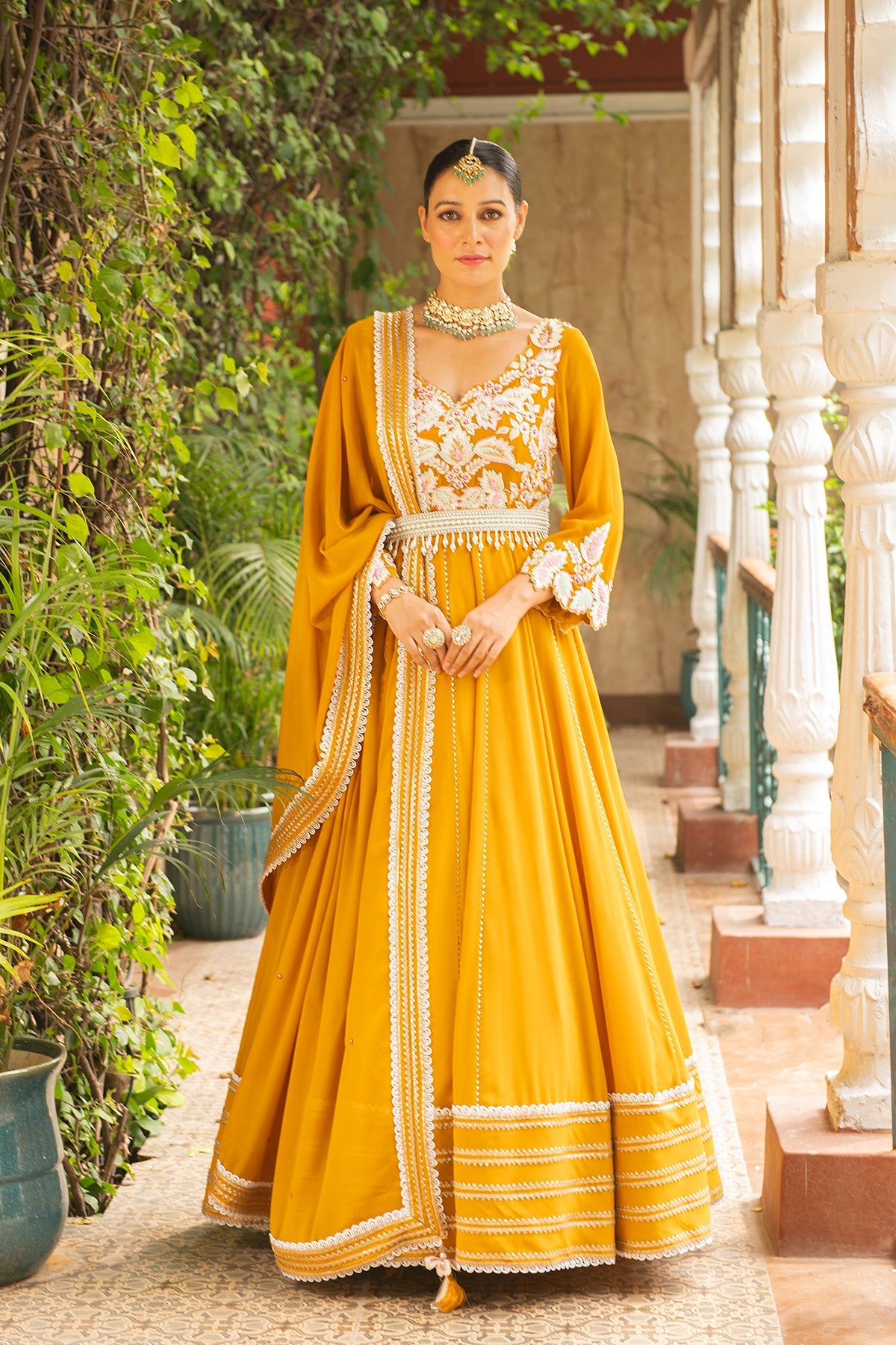 Hasrat Mustard Embroidered Georgette Flared Anarkali Set