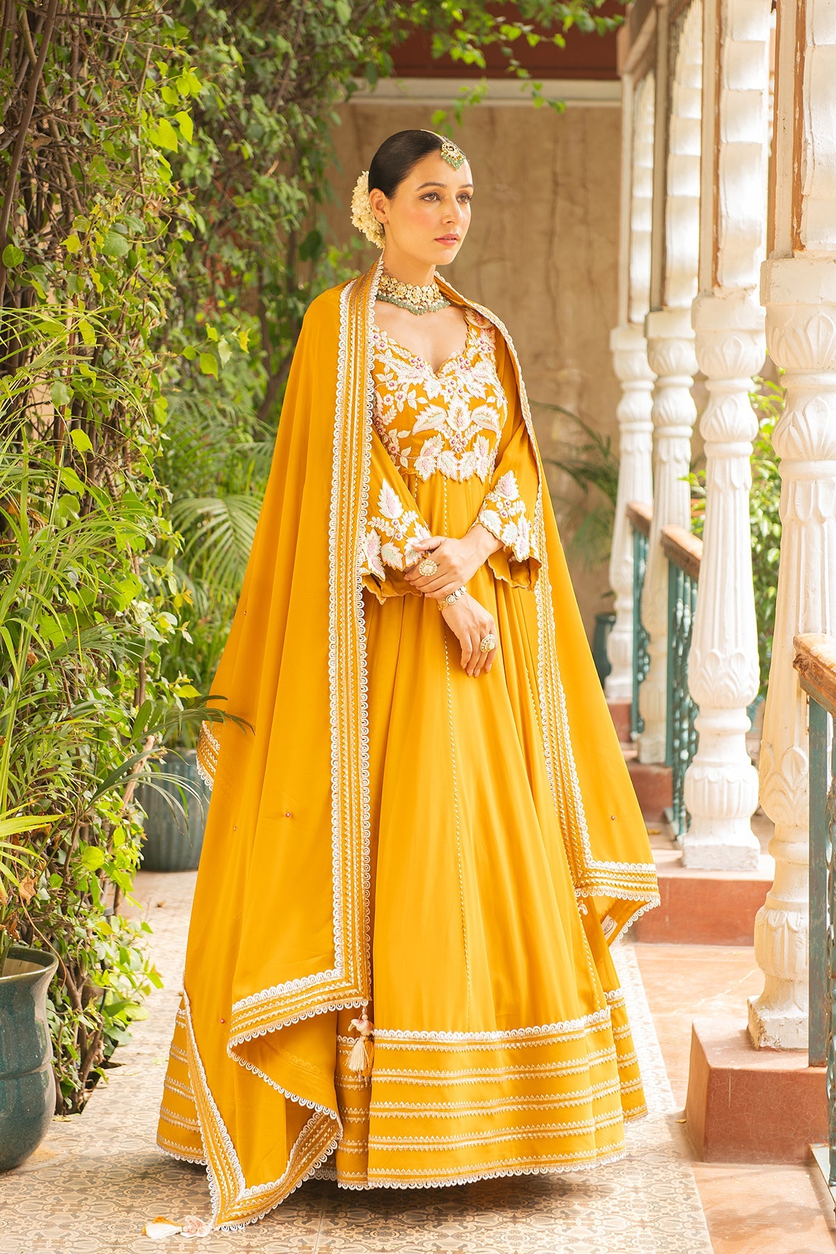 Hasrat Mustard Embroidered Georgette Flared Anarkali Set
