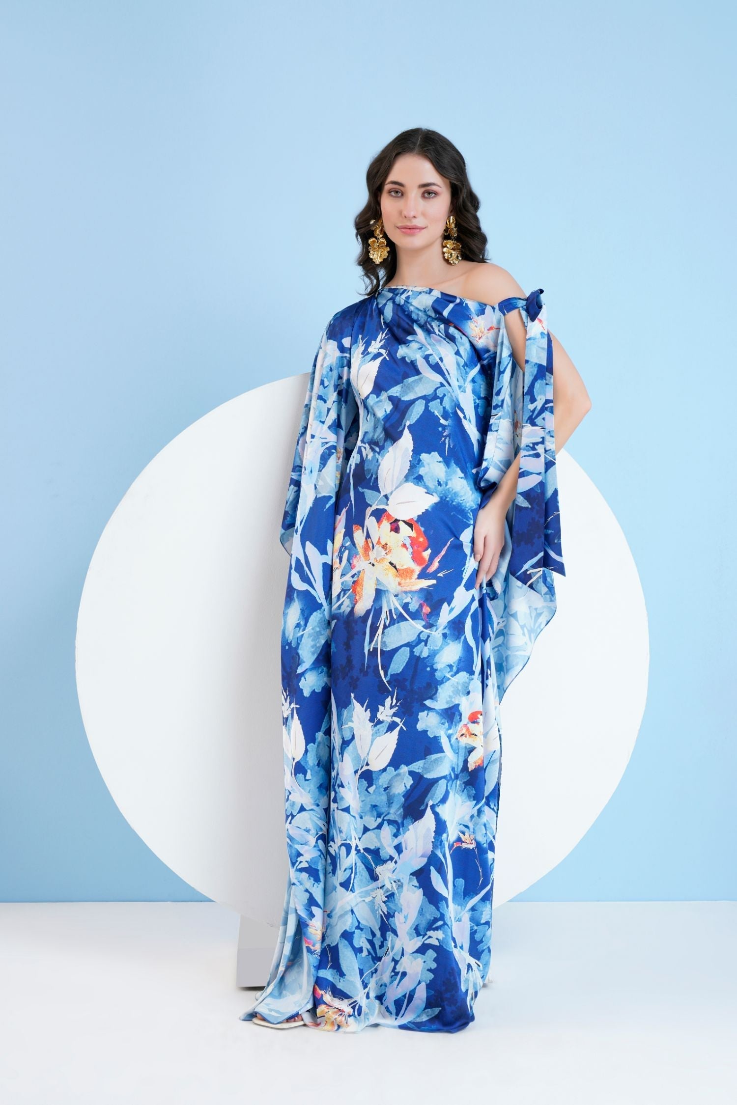Blue Botanical Foliage Kaftan Dress