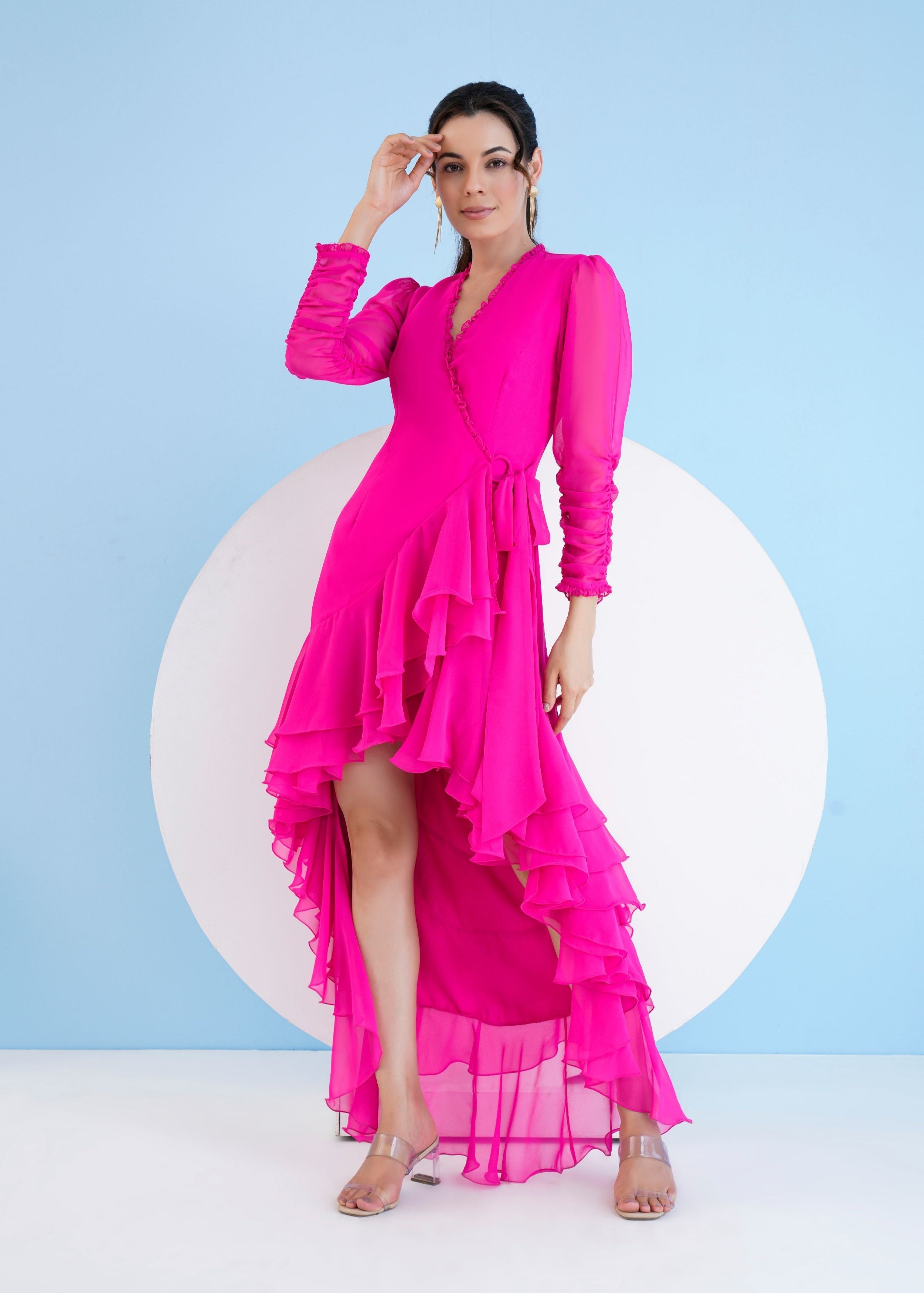 Dark Pink Asymmetric Wrap Maxi Dress