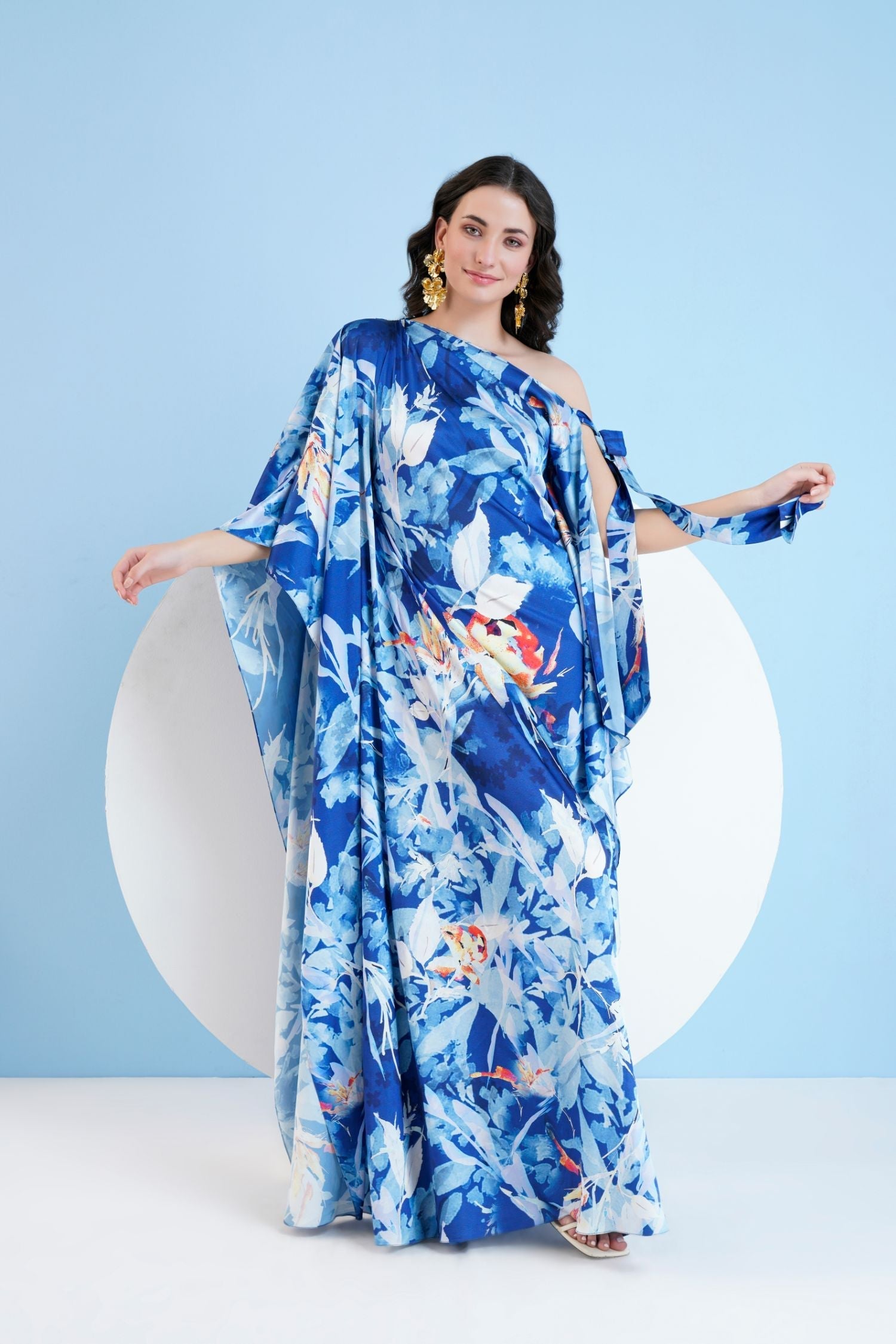 Blue Botanical Foliage Kaftan Dress