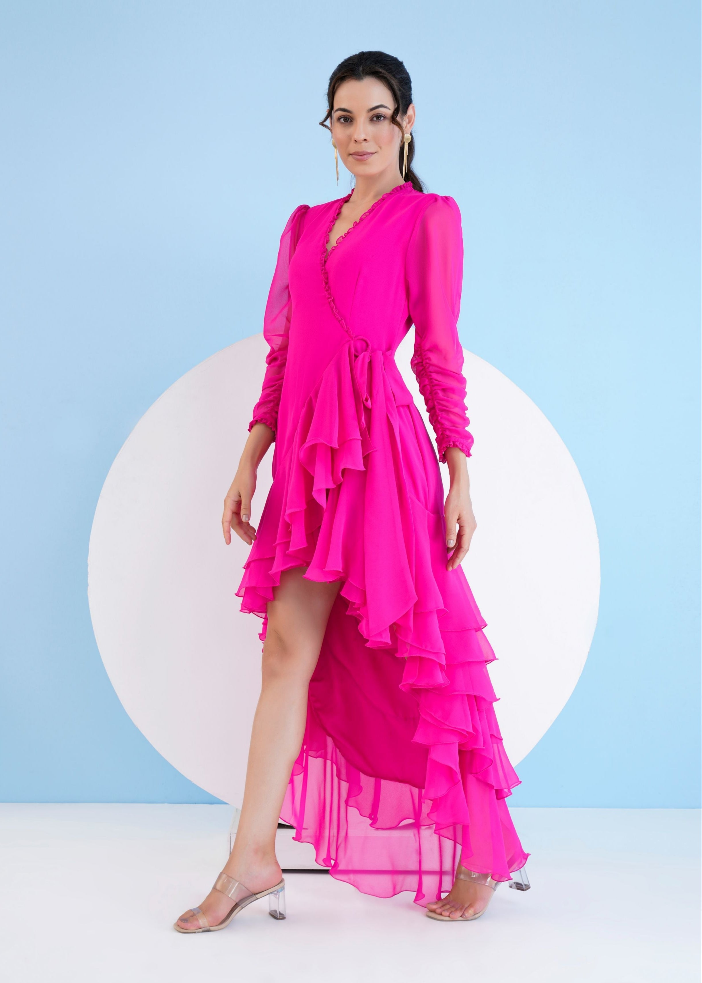 Dark Pink Asymmetric Wrap Maxi Dress