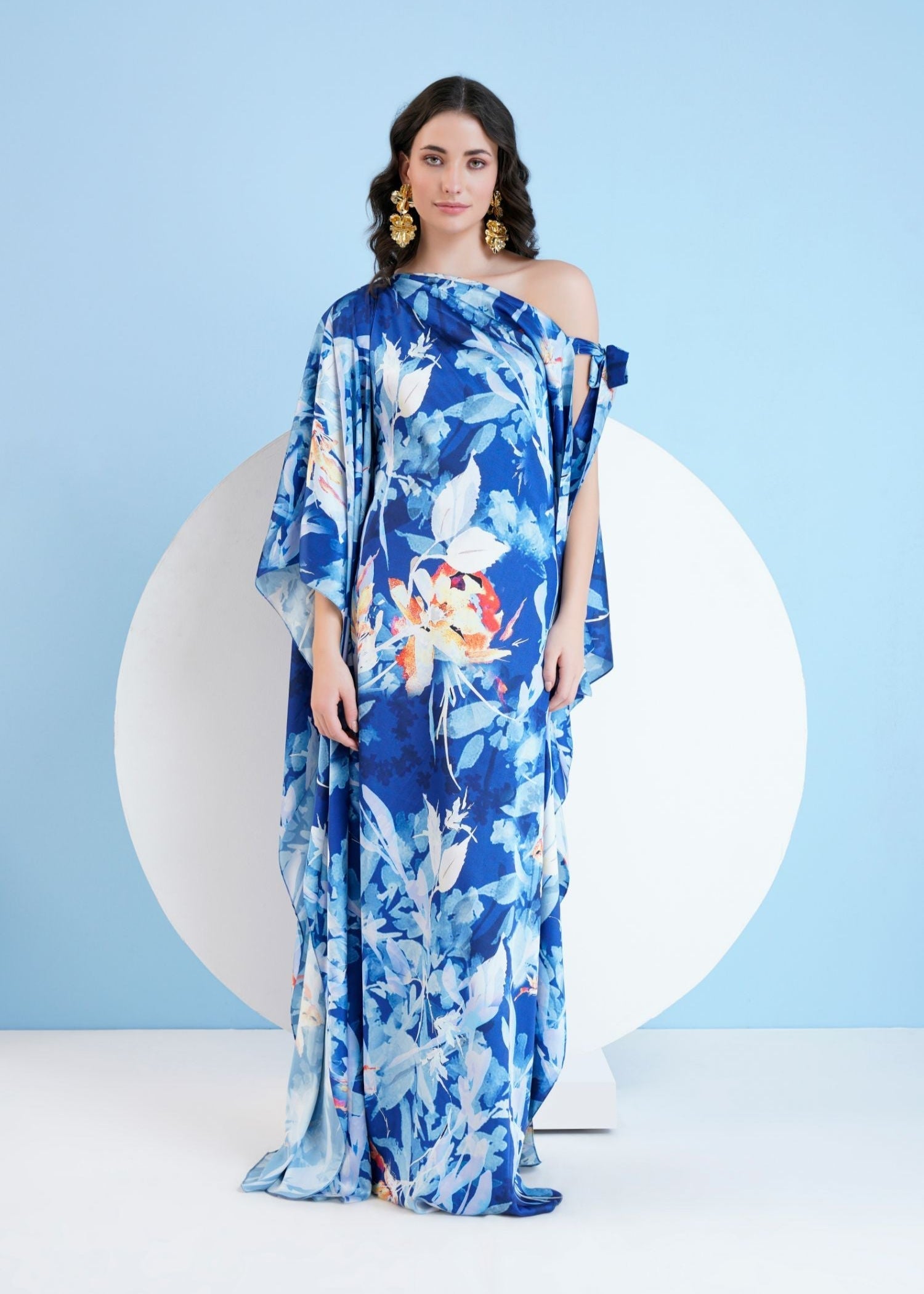 Blue Botanical Foliage Kaftan Dress