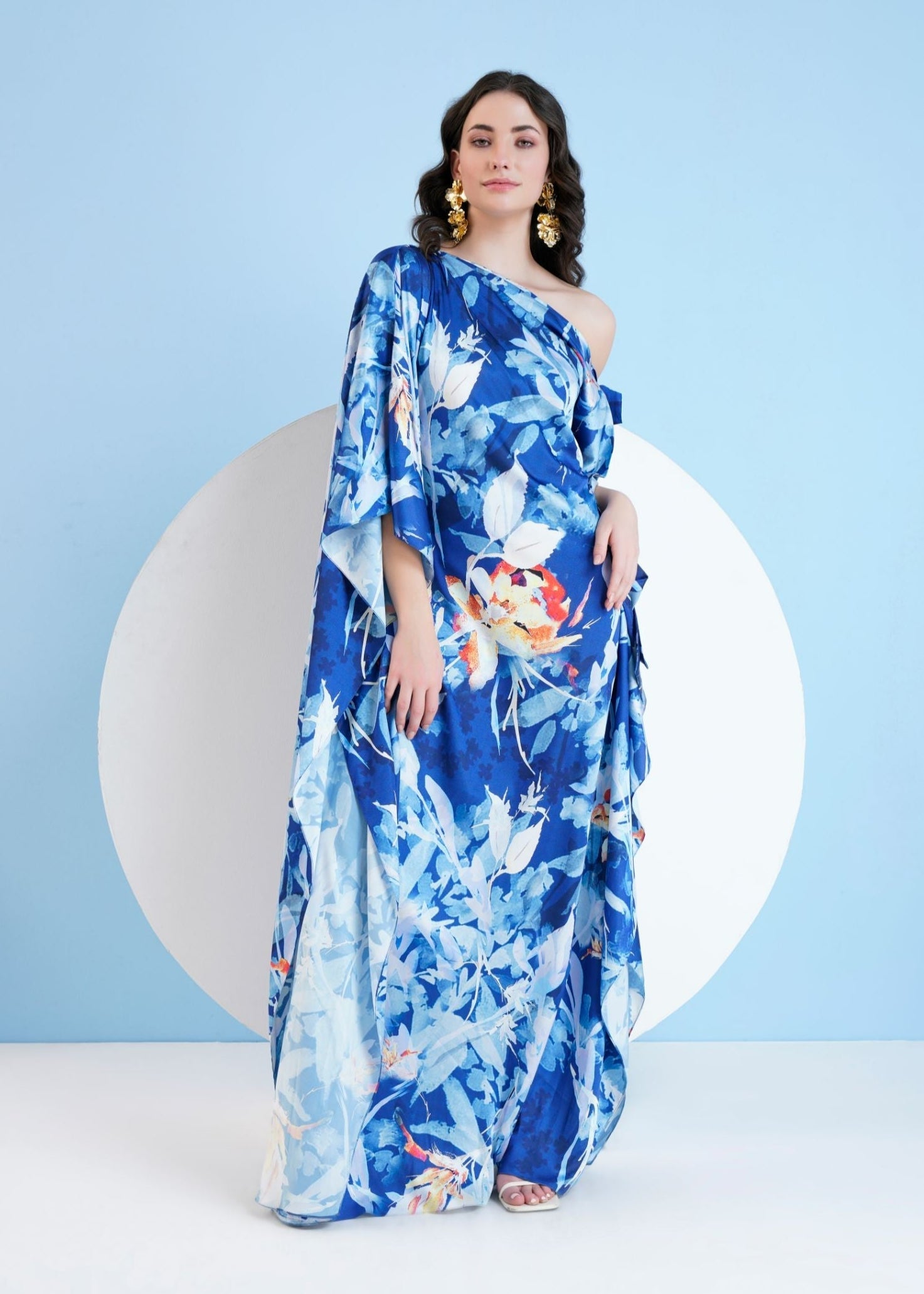Blue Botanical Foliage Kaftan Dress