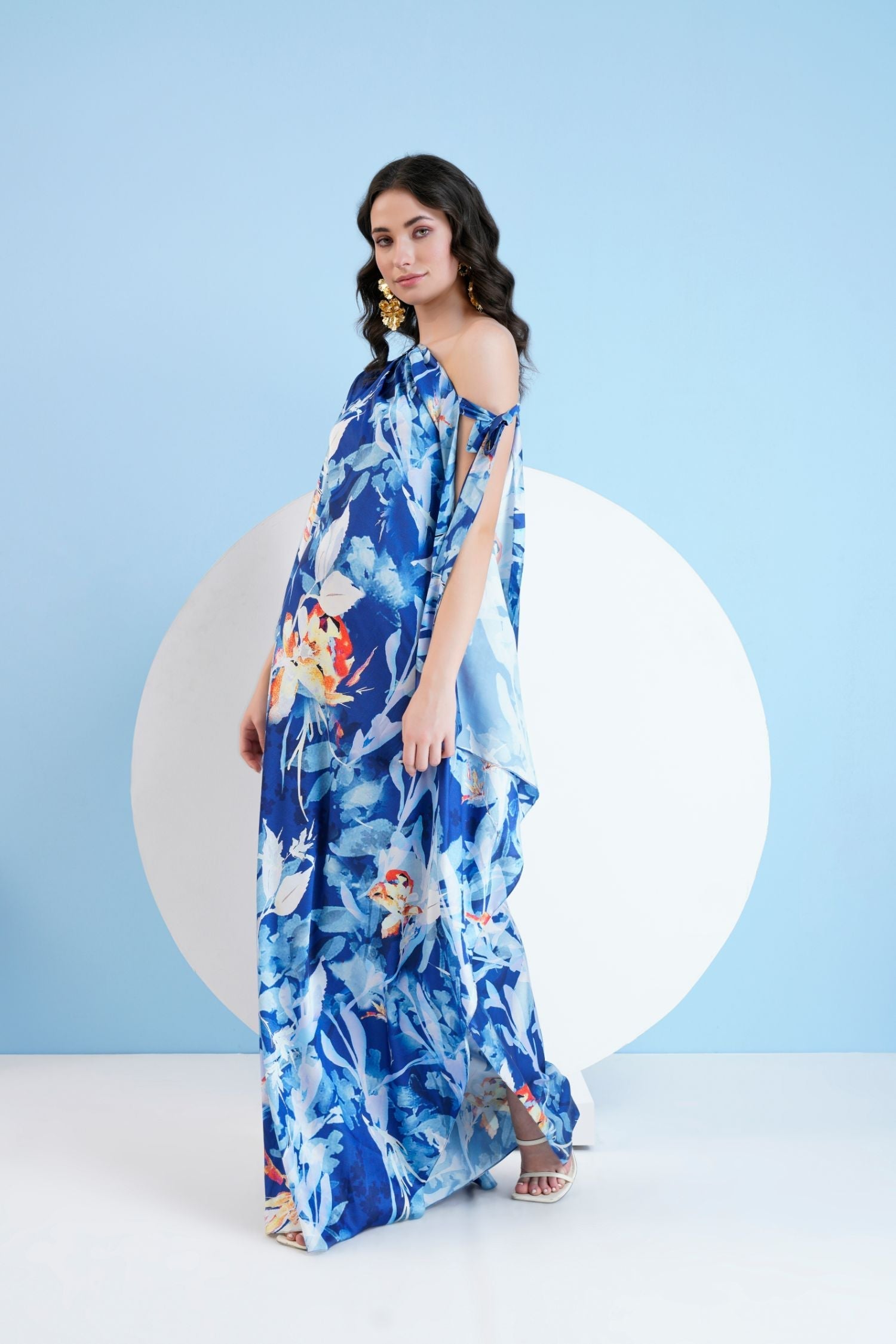 Blue Botanical Foliage Kaftan Dress