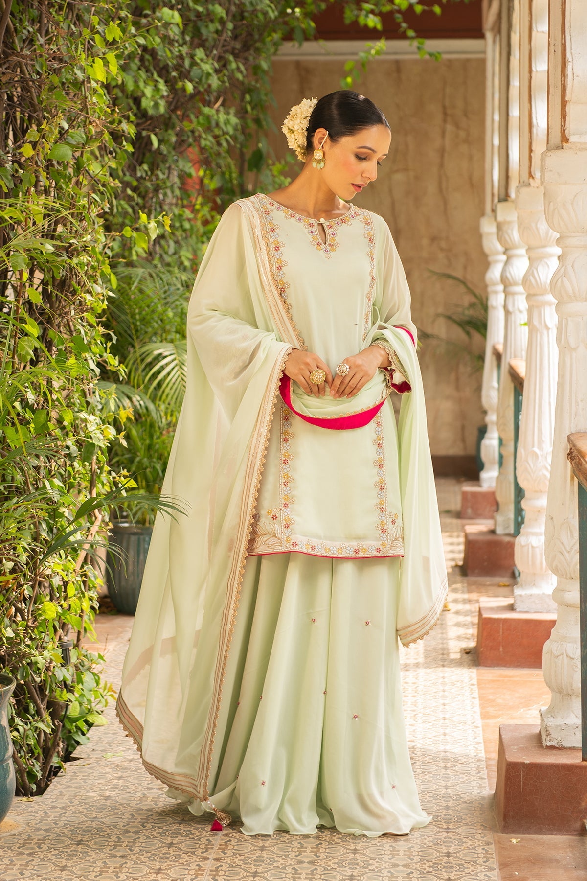 Sea Green Embroidered Georgette Sharara Set - Sugandh Suit