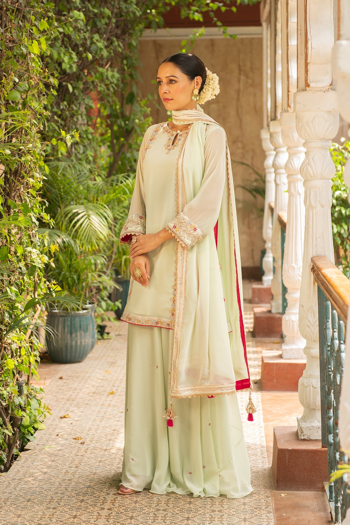 Sea Green Embroidered Georgette Sharara Set - Sugandh Suit