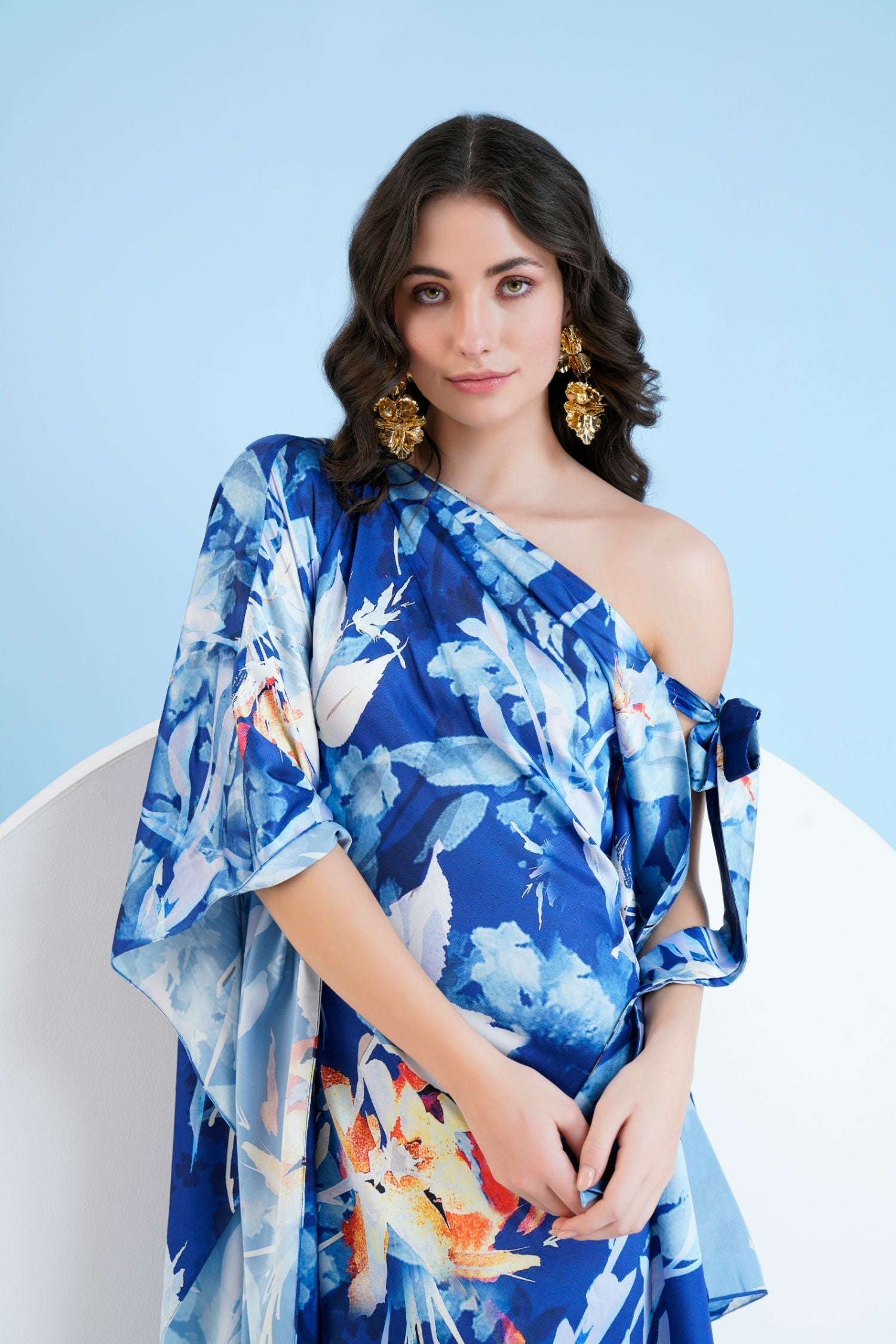 Blue Botanical Foliage Kaftan Dress