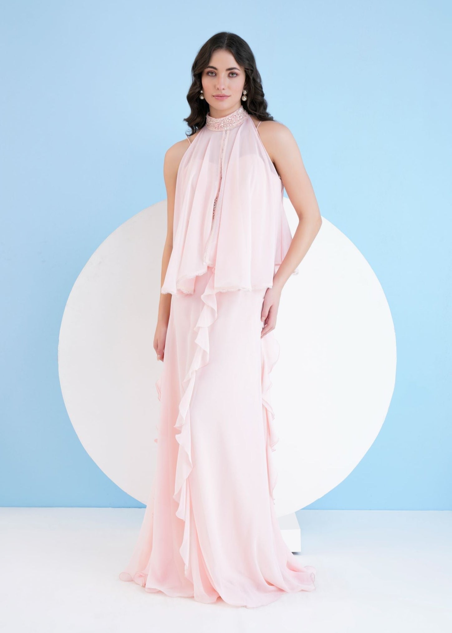 Solid Pink Maxi Dress with Cape