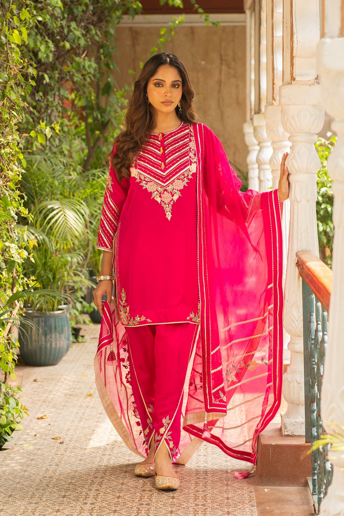 Roop Rani Pink Silk Embroidered Kurta with Dhoti & Organza Dupatta