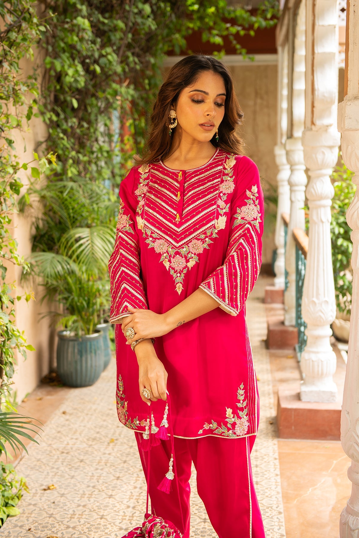 Roop Rani Pink Silk Embroidered Kurta with Dhoti & Organza Dupatta